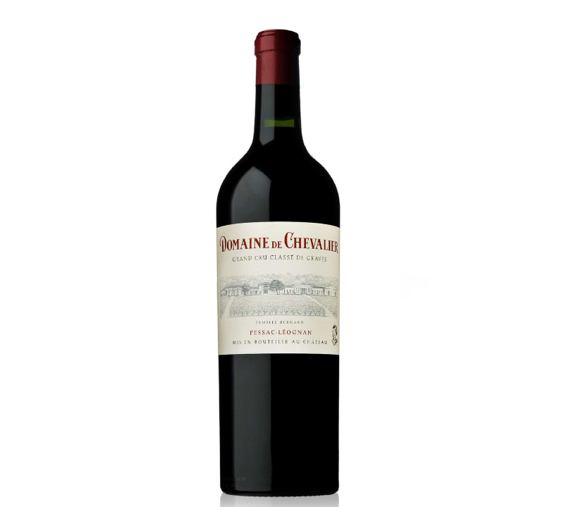 Red wine bottle with 'Domaine de Chevalier' label on a white background