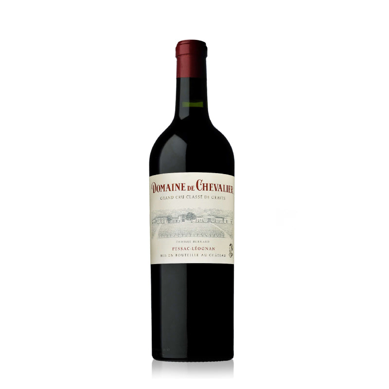 Red wine bottle with 'Domaine de Chevalier' label on a white background