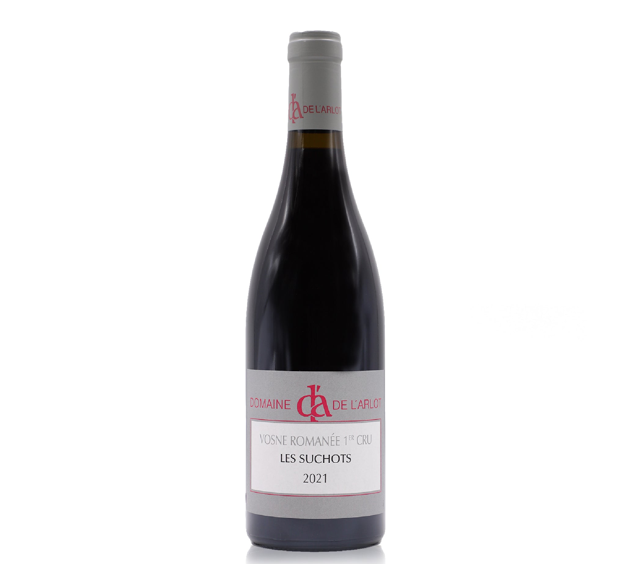 A bottle of red wine from Domaine de l'Atelier, specifically Vosne Romanee 1er Cru Les Suchots 2021, on a clean white background.