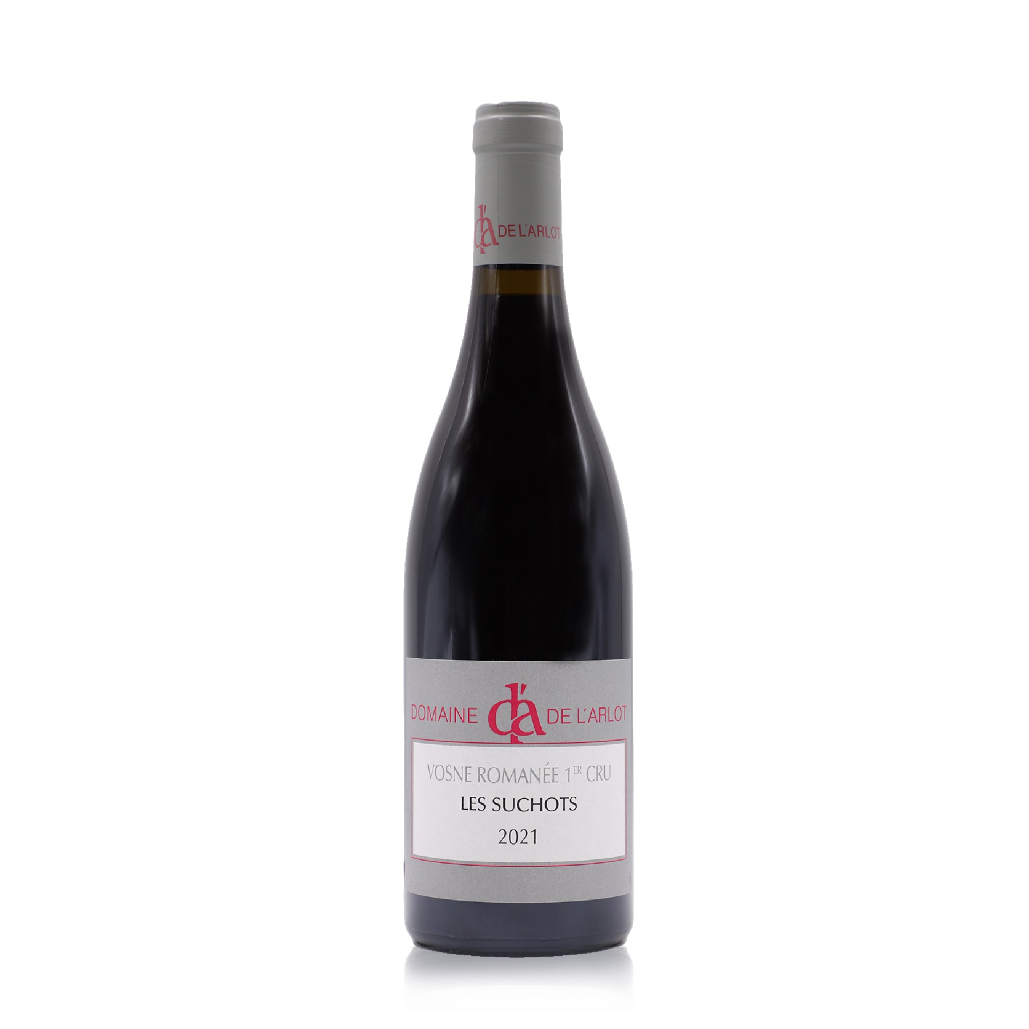 A bottle of red wine from Domaine de l'Atelier, specifically Vosne Romanee 1er Cru Les Suchots 2021, on a clean white background.