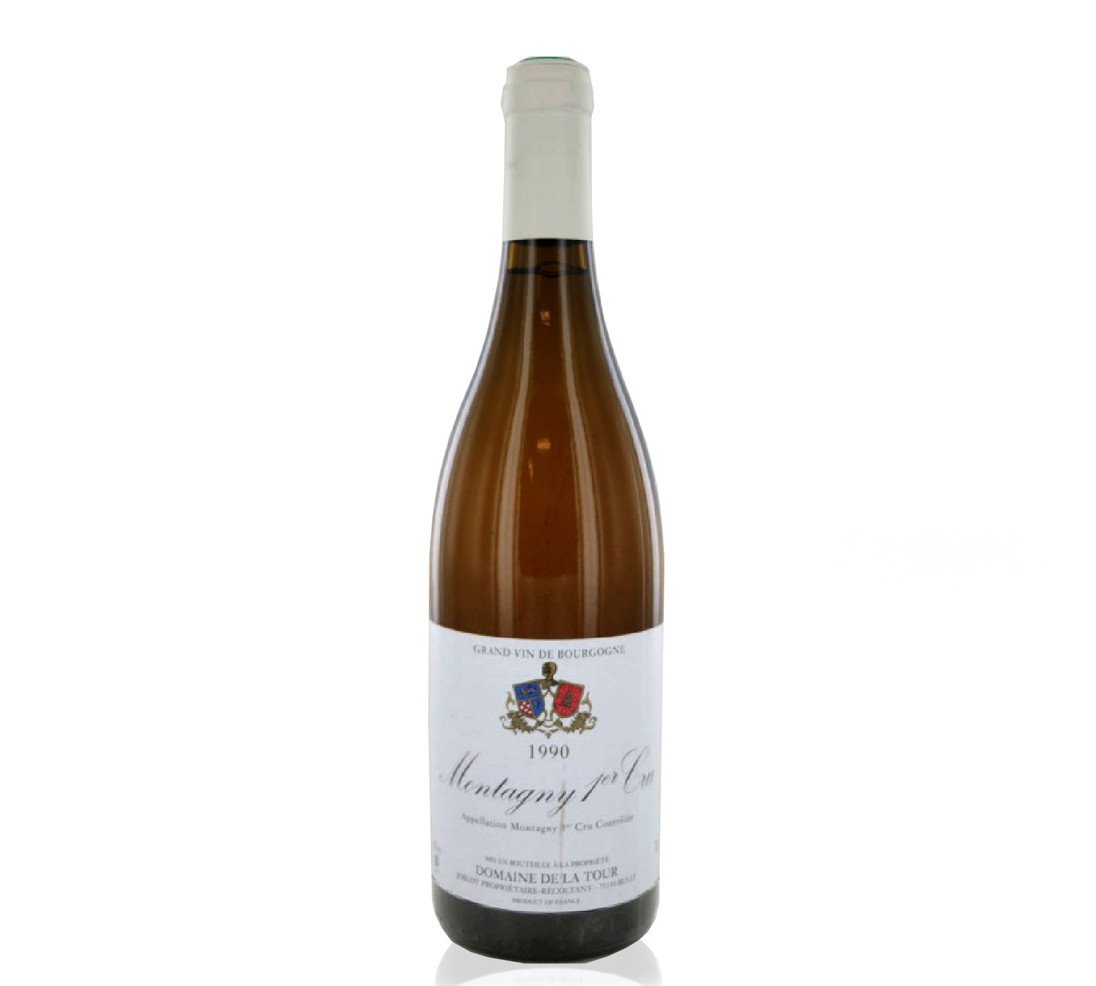 Bottle of Domaine de la Tour Montagny Premier Cru 1990, a mature Burgundy white wine with rich, layered flavors of ripe fruit, honeyed notes, and a subtle minerality.
