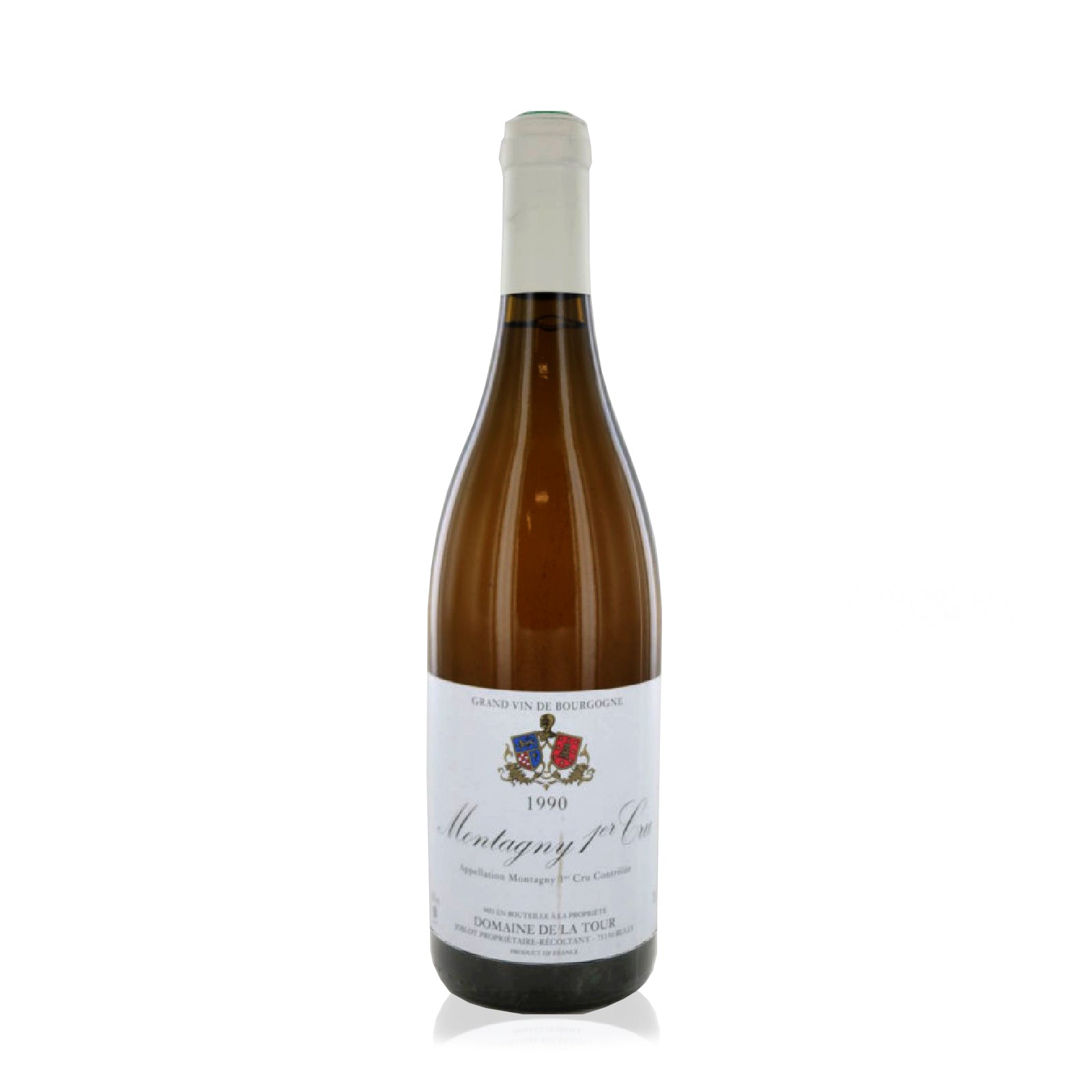 Bottle of Domaine de la Tour Montagny Premier Cru 1990, a mature Burgundy white wine with rich, layered flavors of ripe fruit, honeyed notes, and a subtle minerality.
