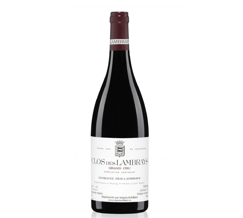 A bottle of Clos des Lambrays Grand Cru red wine.