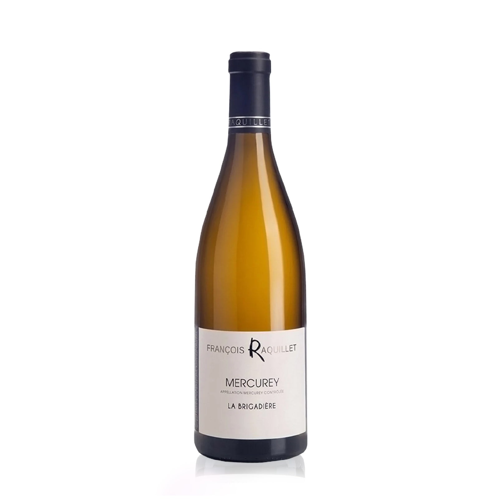 Bottle of Domaine François Raquillet Mercurey La Brigadière with red cherry, raspberry, and earthy notes.