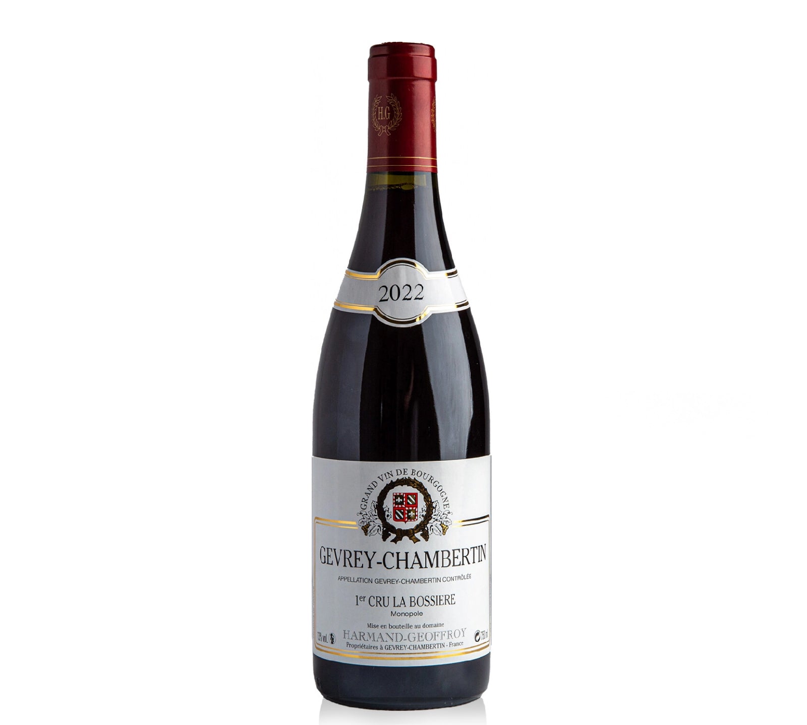 Wine bottle of Gevrey-Chambertin on a white background