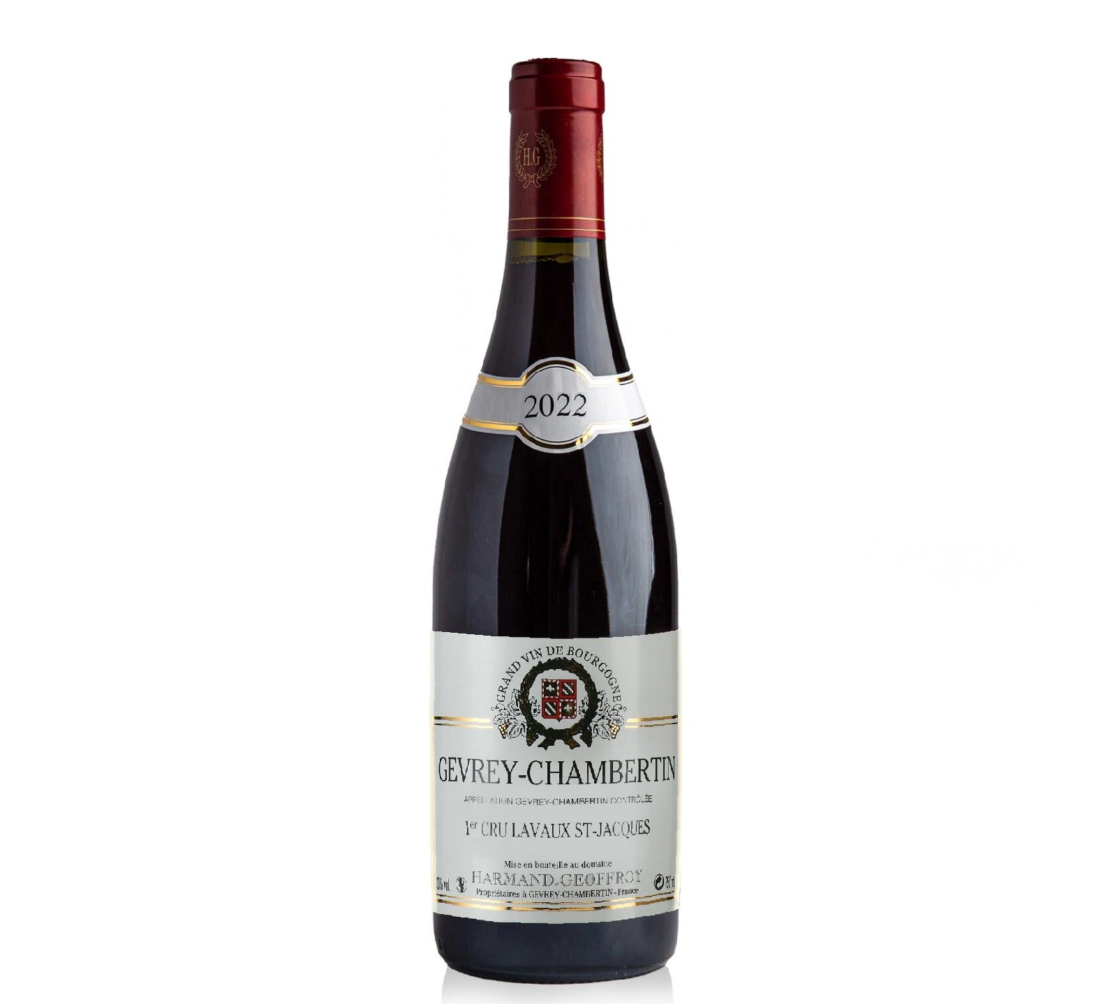 Wine bottle labeled 'Gevrey-Chambertin' on a white background
