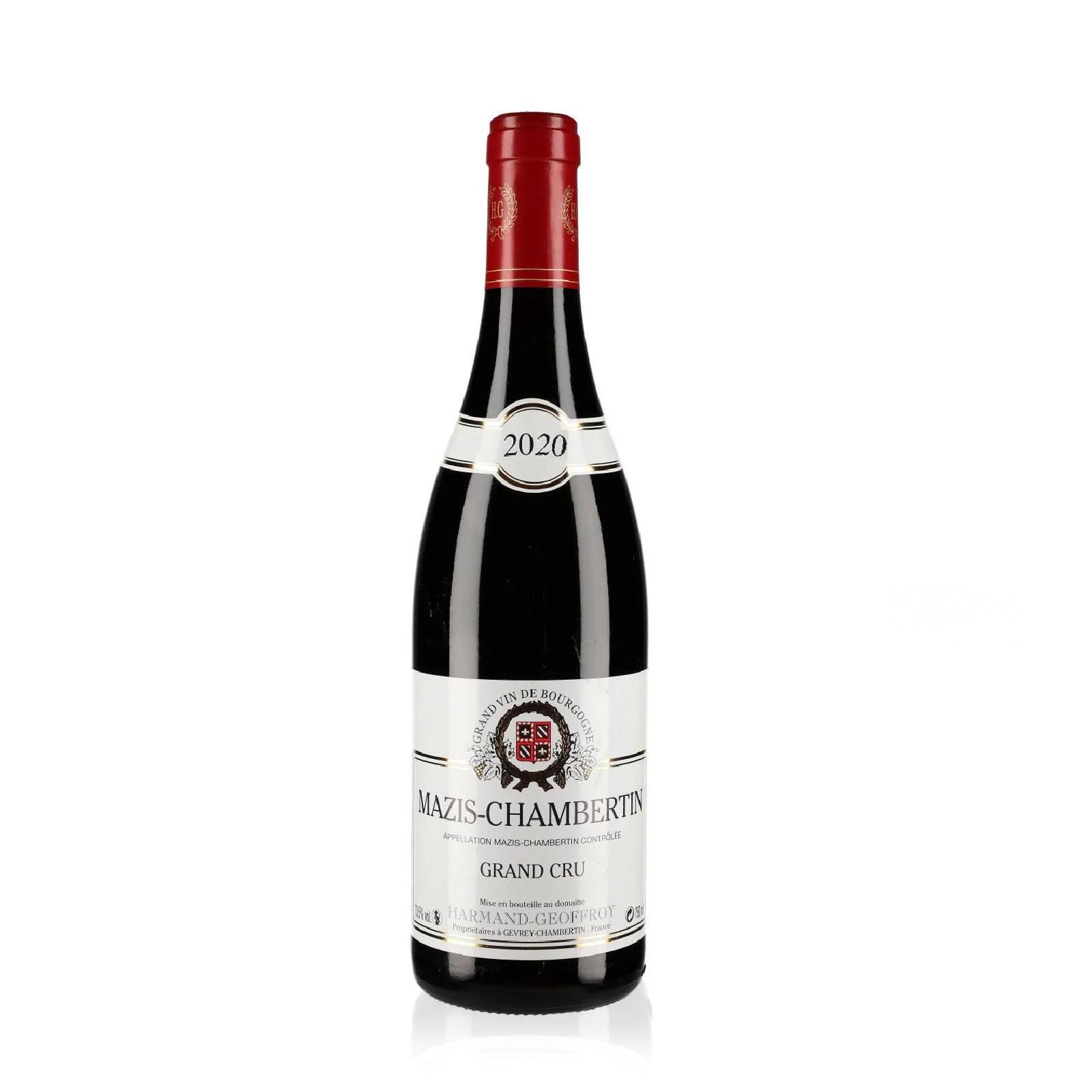 Bottle of Domaine Harmand-Geoffroy Mazis-Chambertin 2020 with black cherry, plum, and earthy notes.