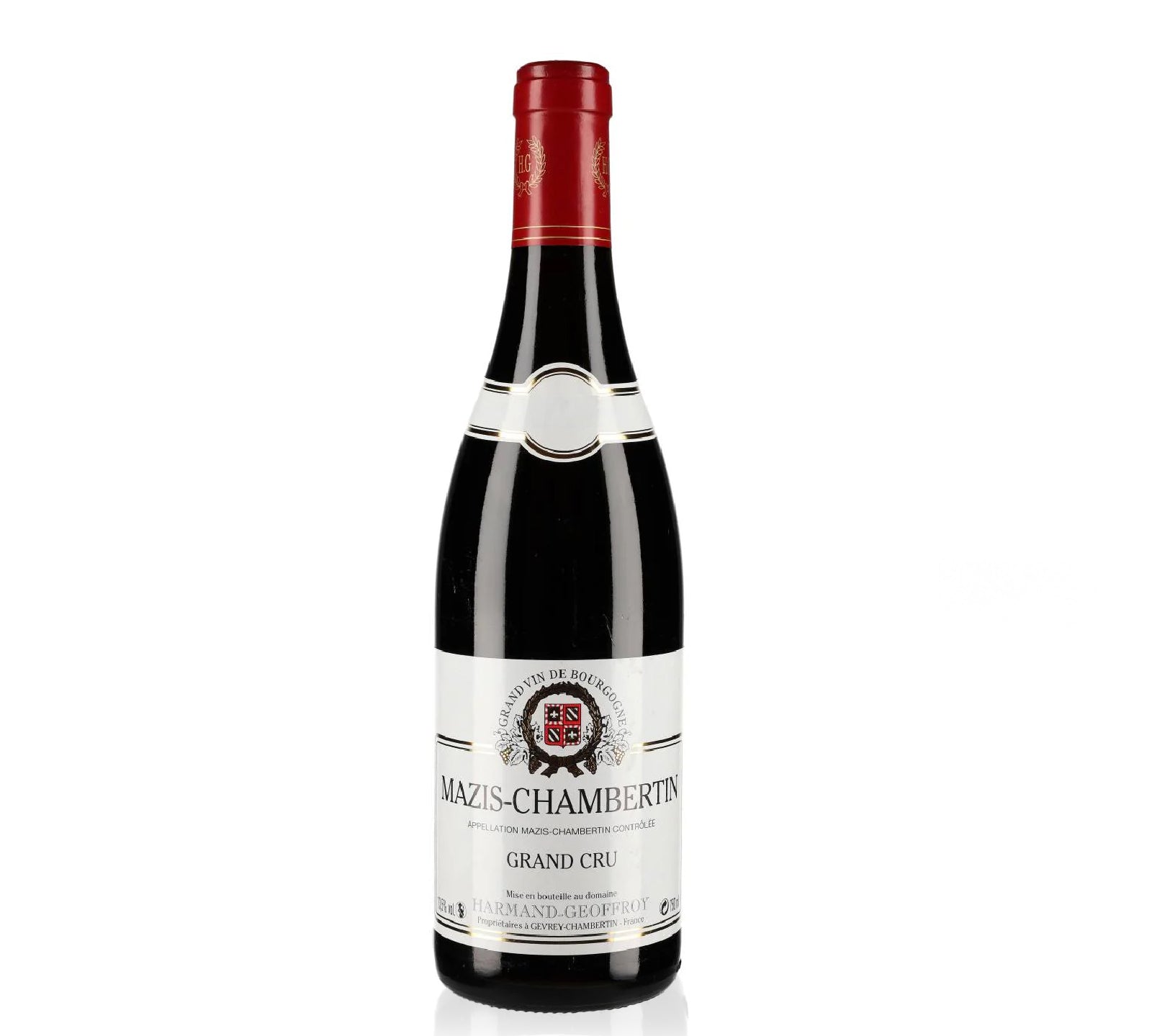 A bottle of Mazis-Chambertin Grand Cru red wine.