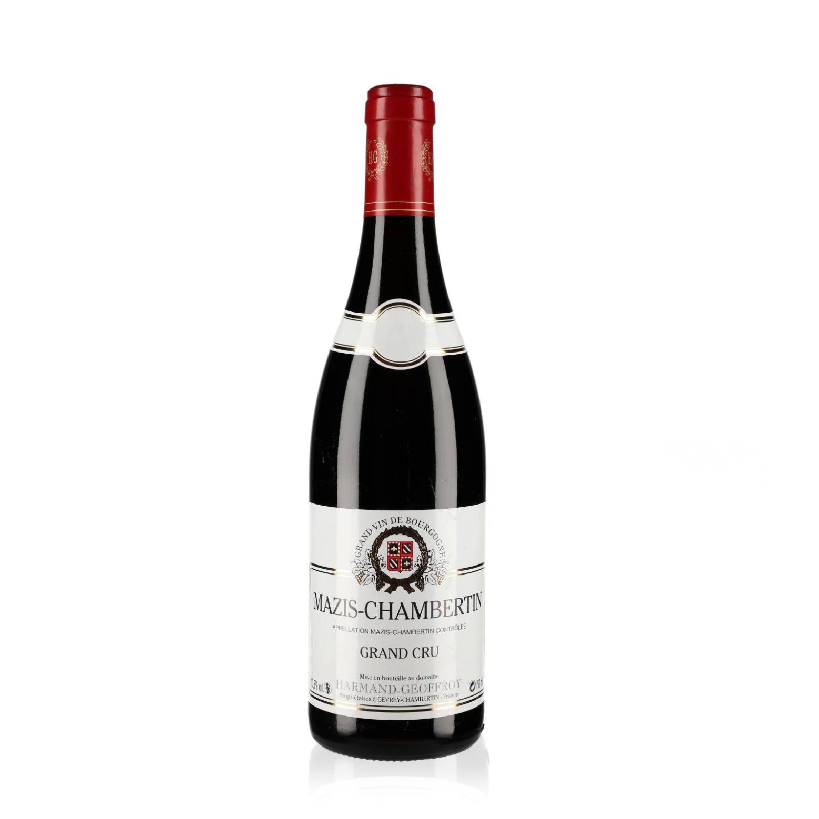 A bottle of Mazis-Chambertin Grand Cru red wine.