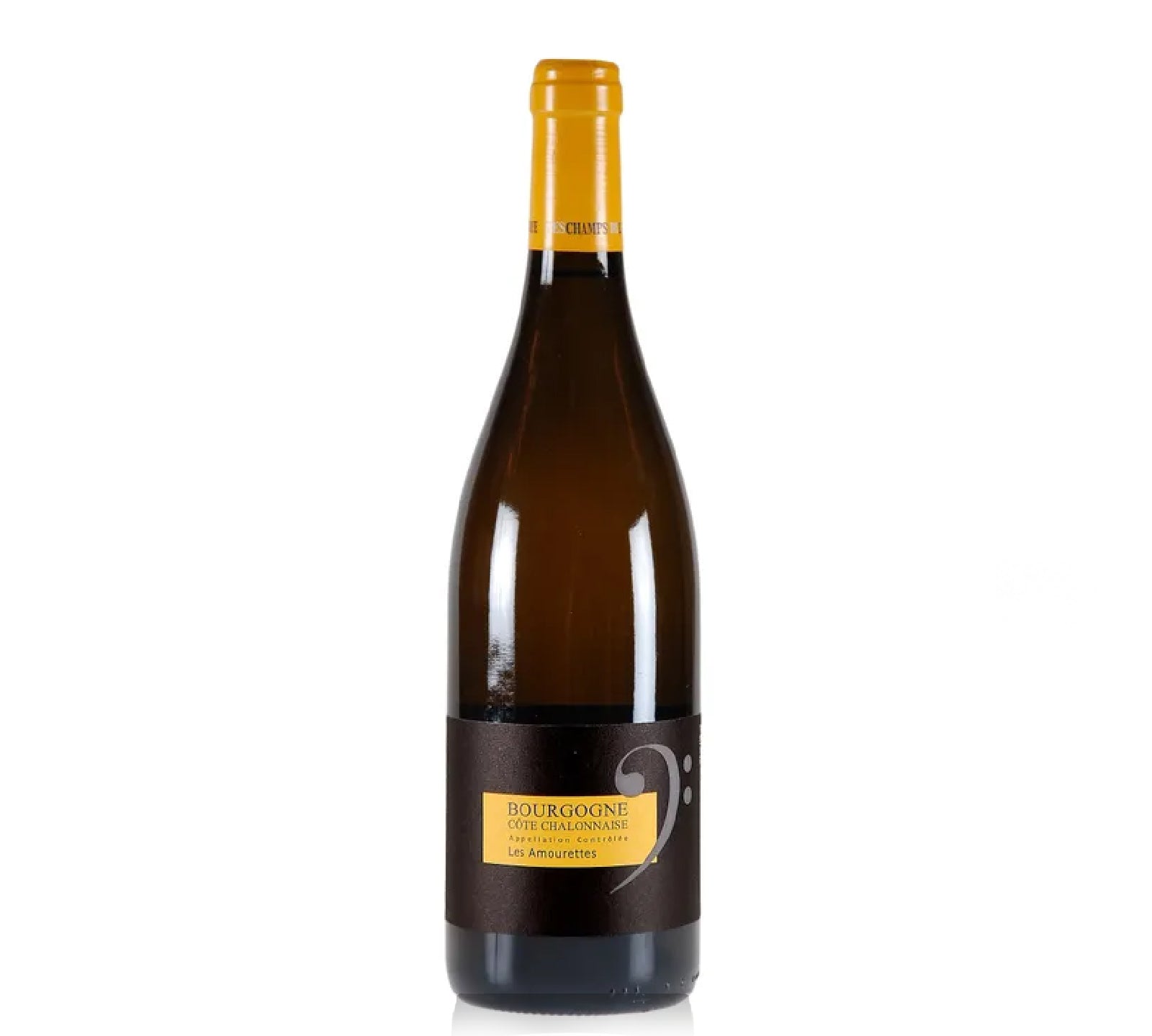 Bottle of Domaine Les Champs de l’Abbaye Bourgogne Côte Chalonnaise 'Les Amourettes' featuring ripe yellow apple, pear, and lemon confit notes.