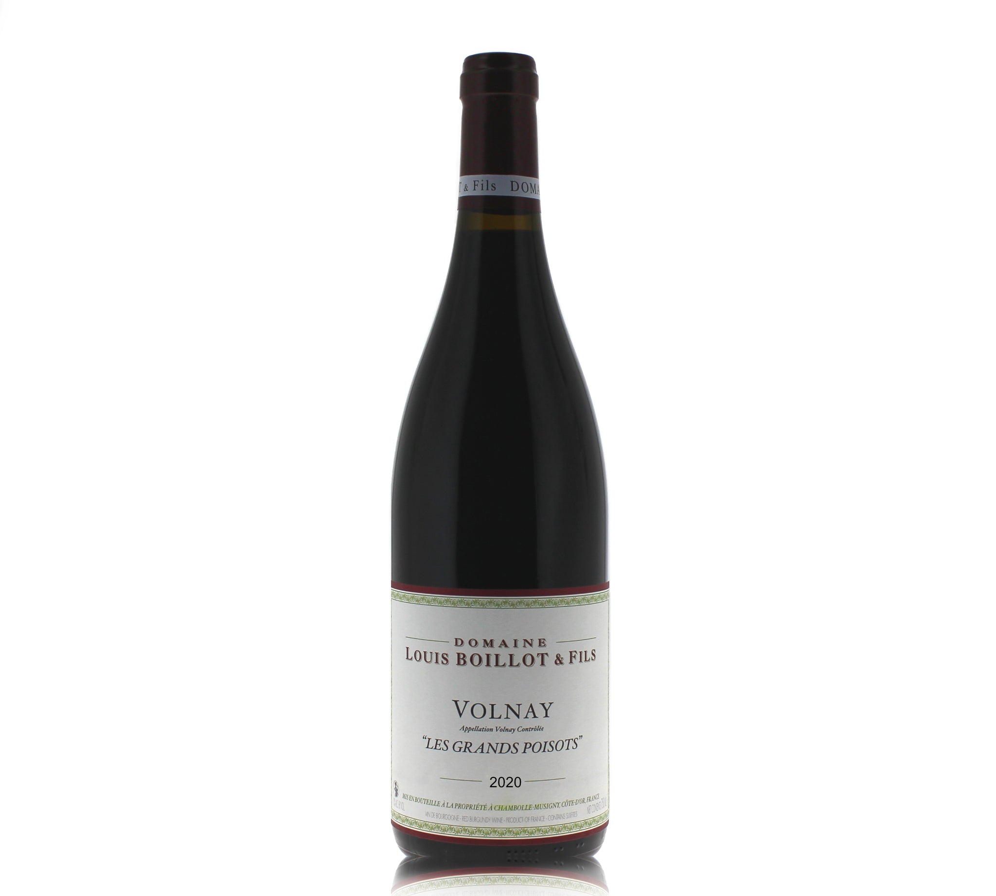 A bottle of Domaine Louis Boillot Volnay Les Grands Poisots 2020 red wine