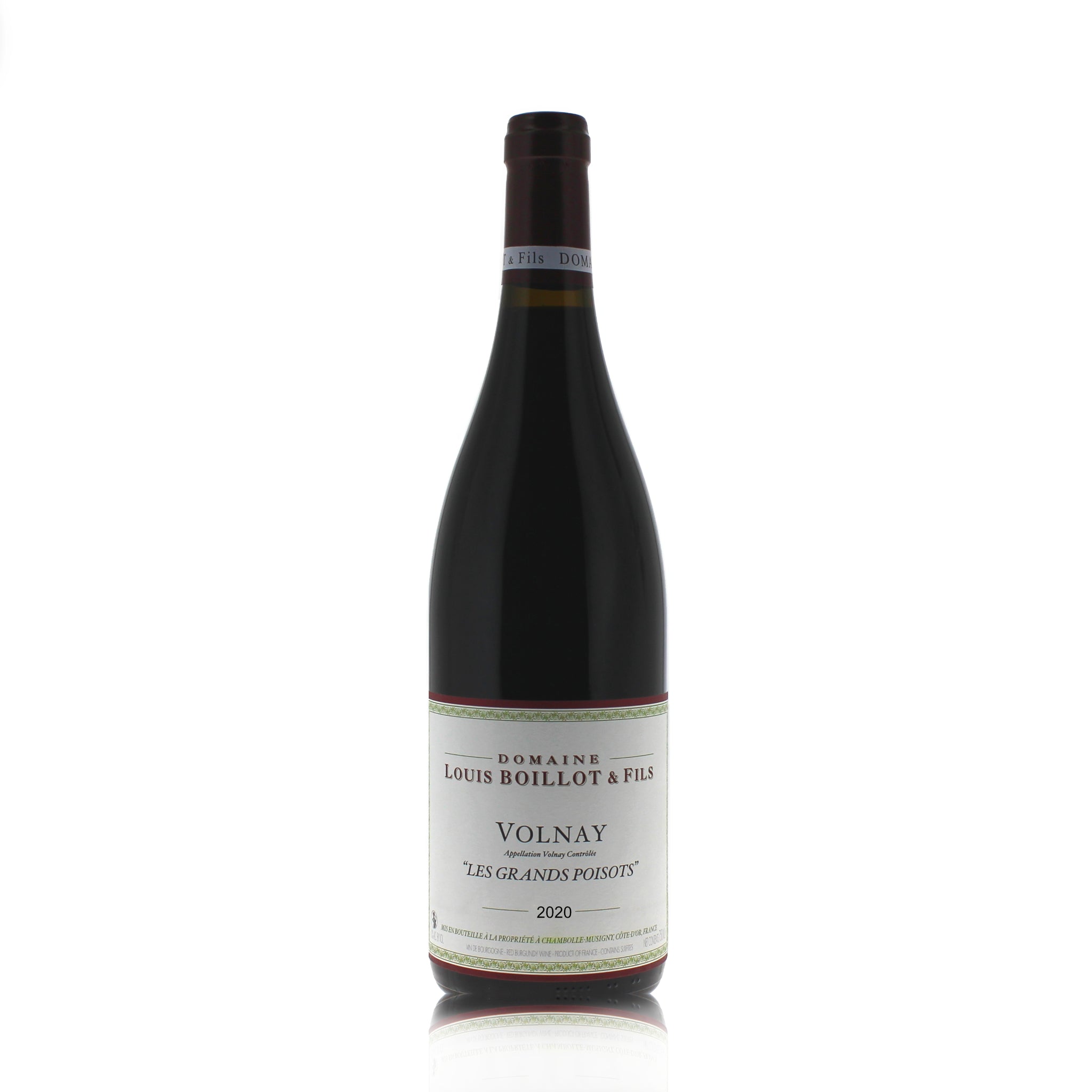 A bottle of Domaine Louis Boillot Volnay Les Grands Poisots 2020 red wine