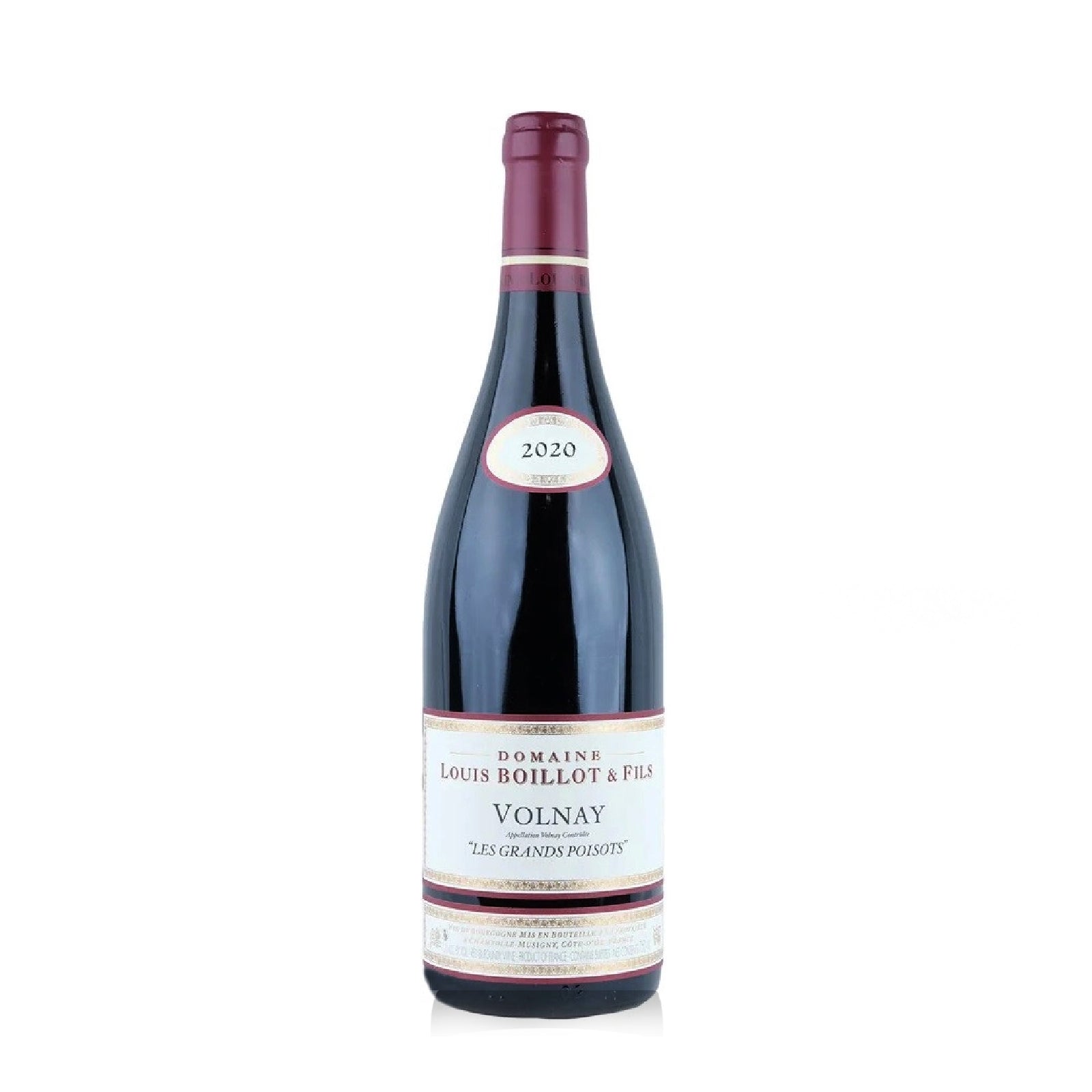 A bottle of 2020 Domaine Louis Boillot Volnay Les Grands Poisots wine with a deep purple label and red foil cover.