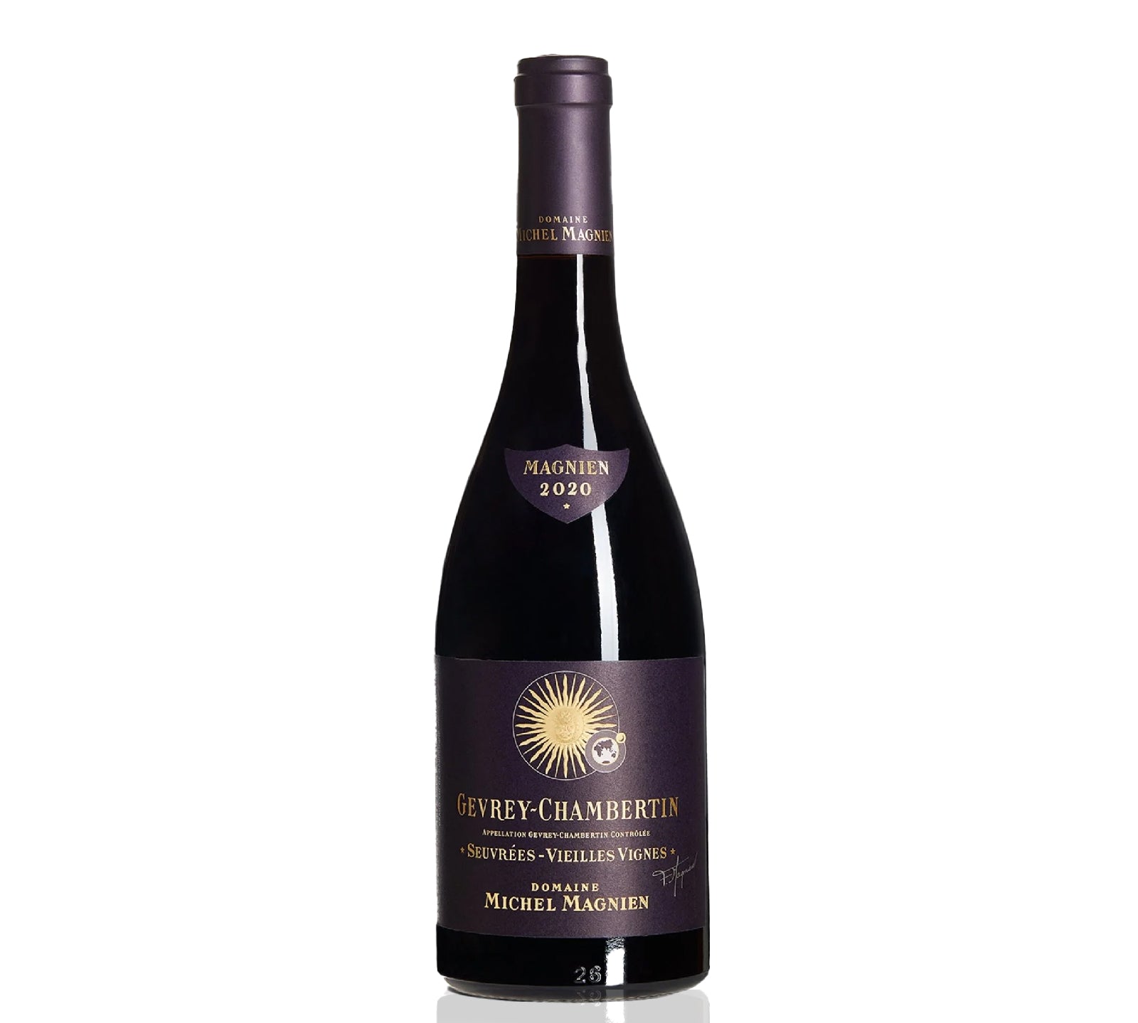 Bottle of Domaine Michel Magnien Gevrey-Chambertin Seuvres Vieilles Vignes 2020 wine with a purple label and gold accents