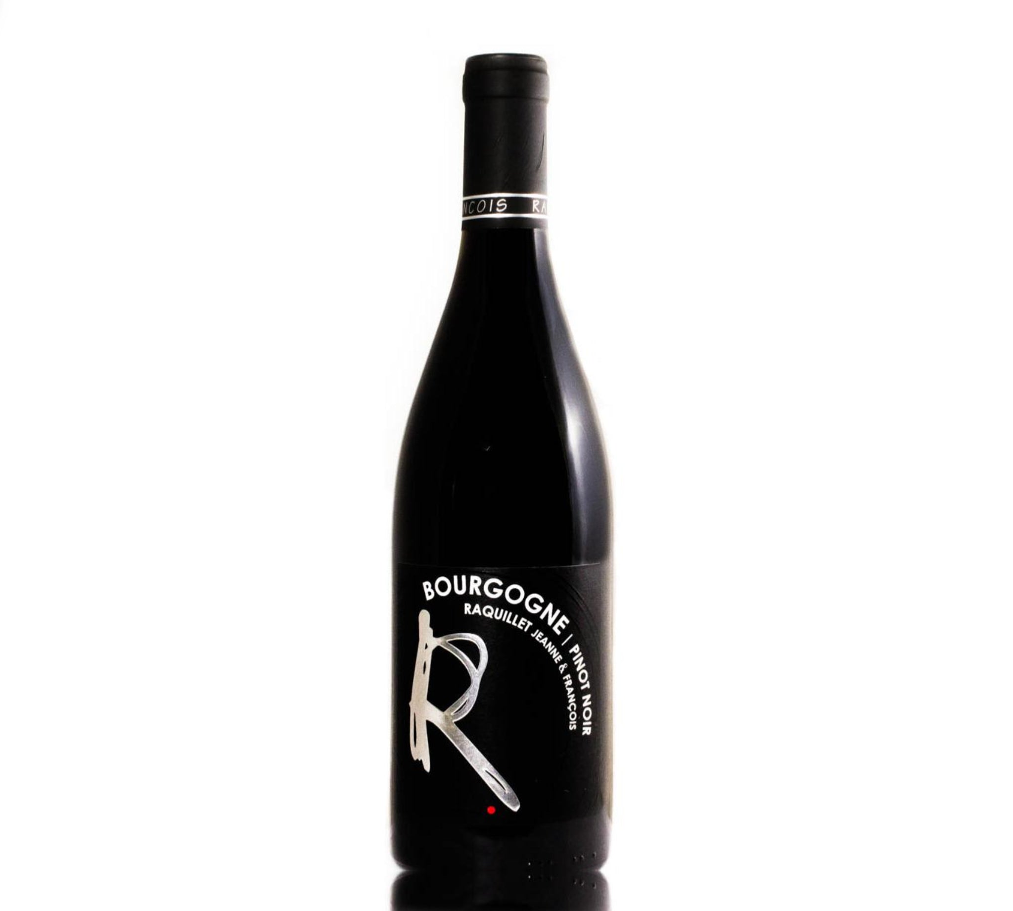 A bottle of Domaine Raquillet Bourgogne Pinot Noir red wine