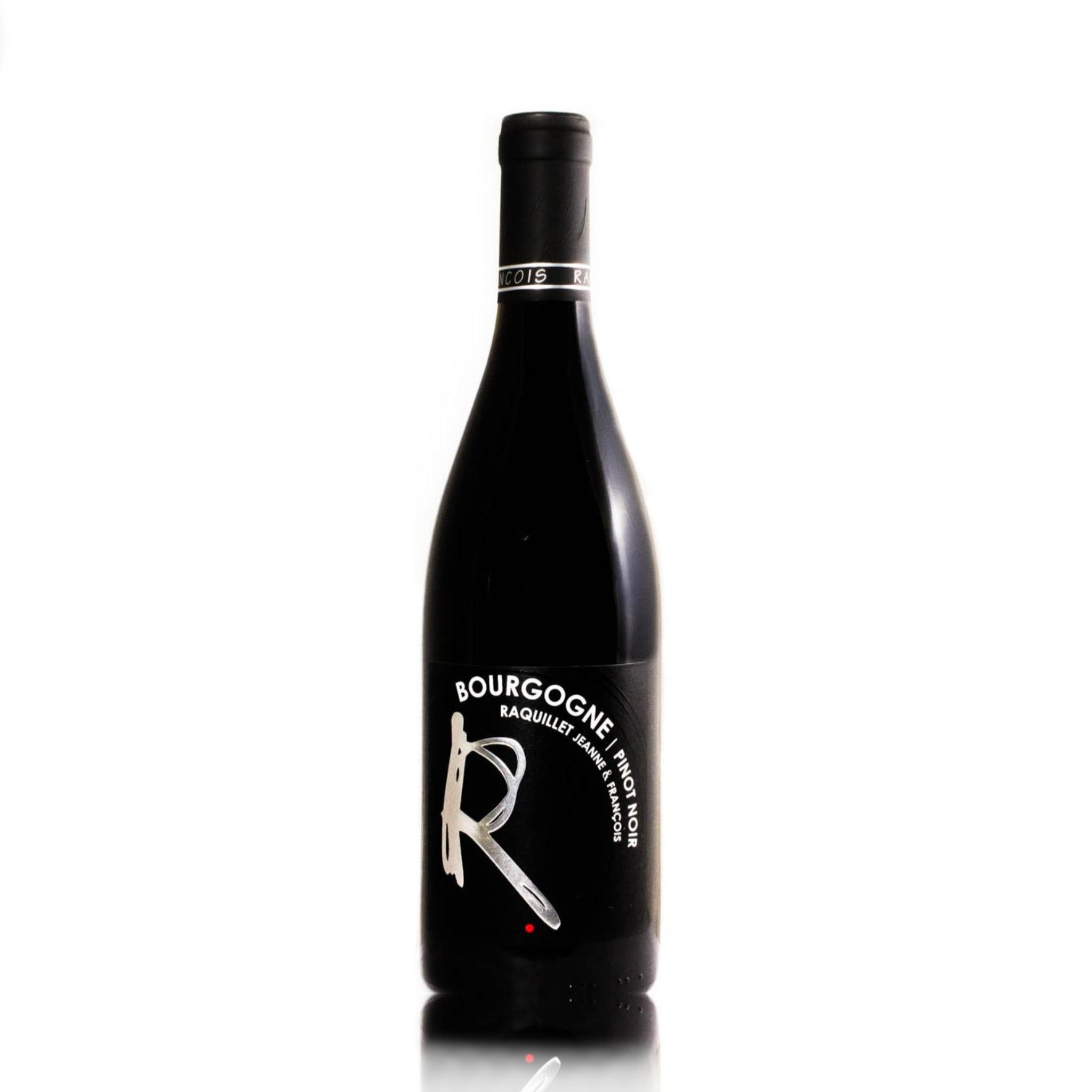 A bottle of Domaine Raquillet Bourgogne Pinot Noir red wine