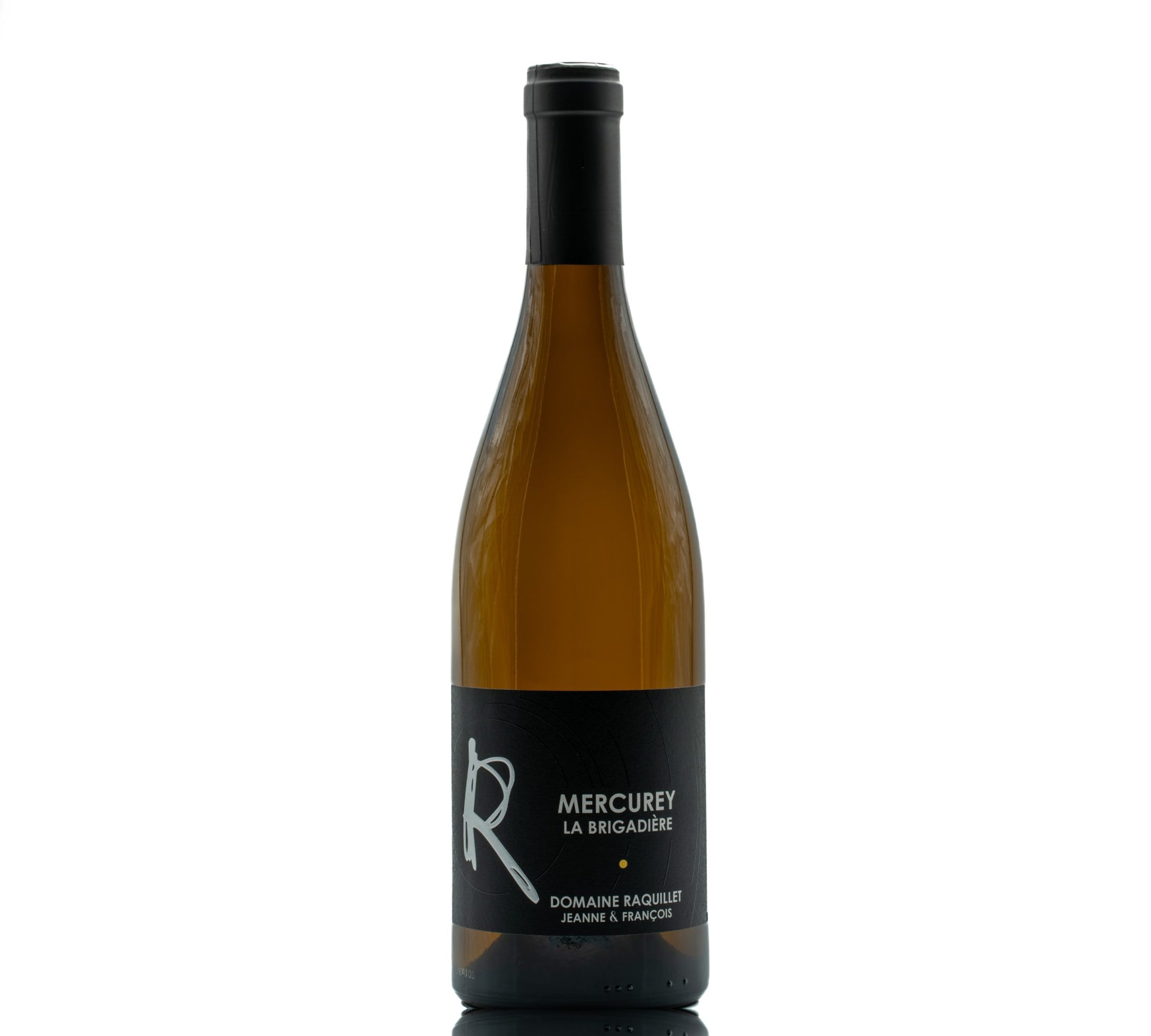 Bottle of Domaine Raquillet Mercurey La Brigadière with red cherry, raspberry, and earthy notes.