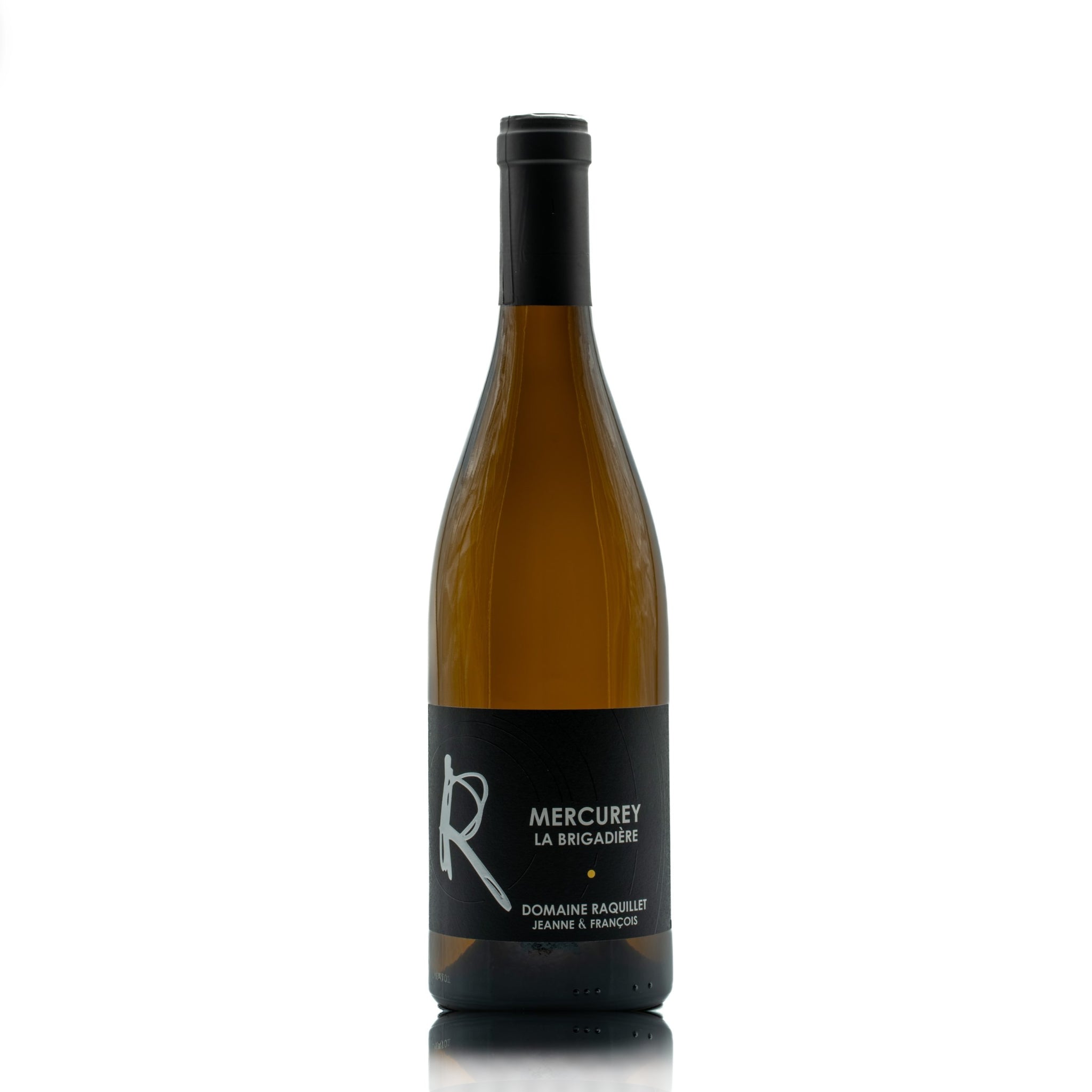 Bottle of Domaine Raquillet Mercurey La Brigadière with red cherry, raspberry, and earthy notes.