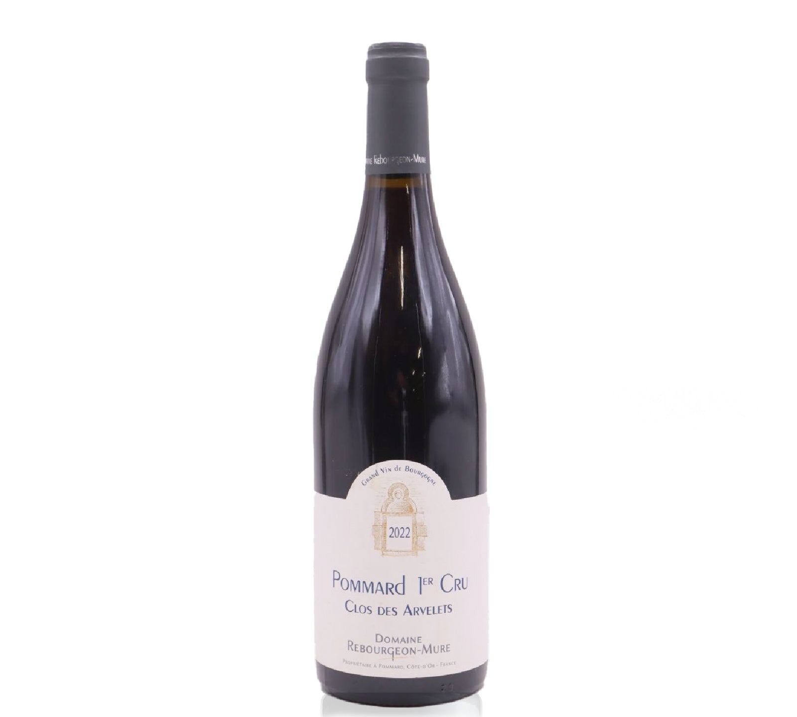 Bottle of Domaine Rebourgeon-Mure Pommard 1er Cru Clos des Arvelets 2022 wine with a deep ruby color represented in the image.