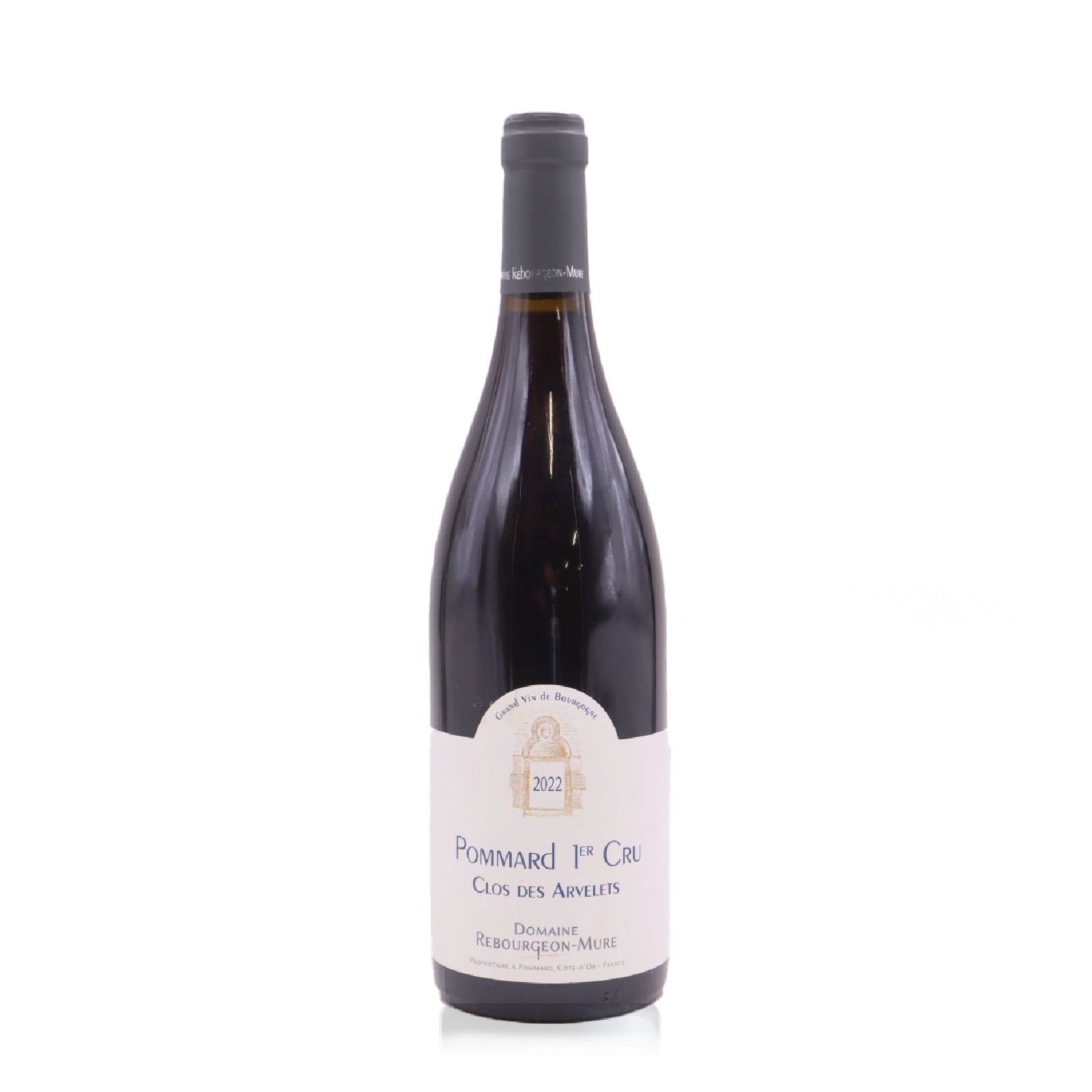 Bottle of Domaine Rebourgeon-Mure Pommard 1er Cru Clos des Arvelets 2022 wine with a deep ruby color represented in the image.