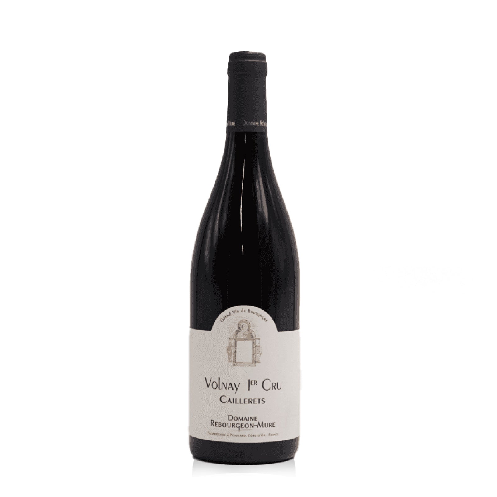 Bottle of Domaine Rebourgeon-Mure Volnay 1er Cru Caillerets with red cherry, raspberry, floral, and spice notes.