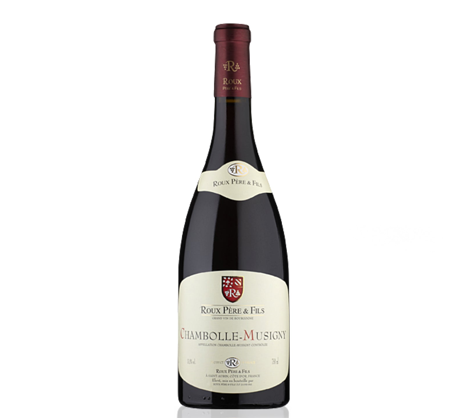 Bottle of Domaine Roux Pere & Fils Chambolle Musigny wine with a white label and red text on it.