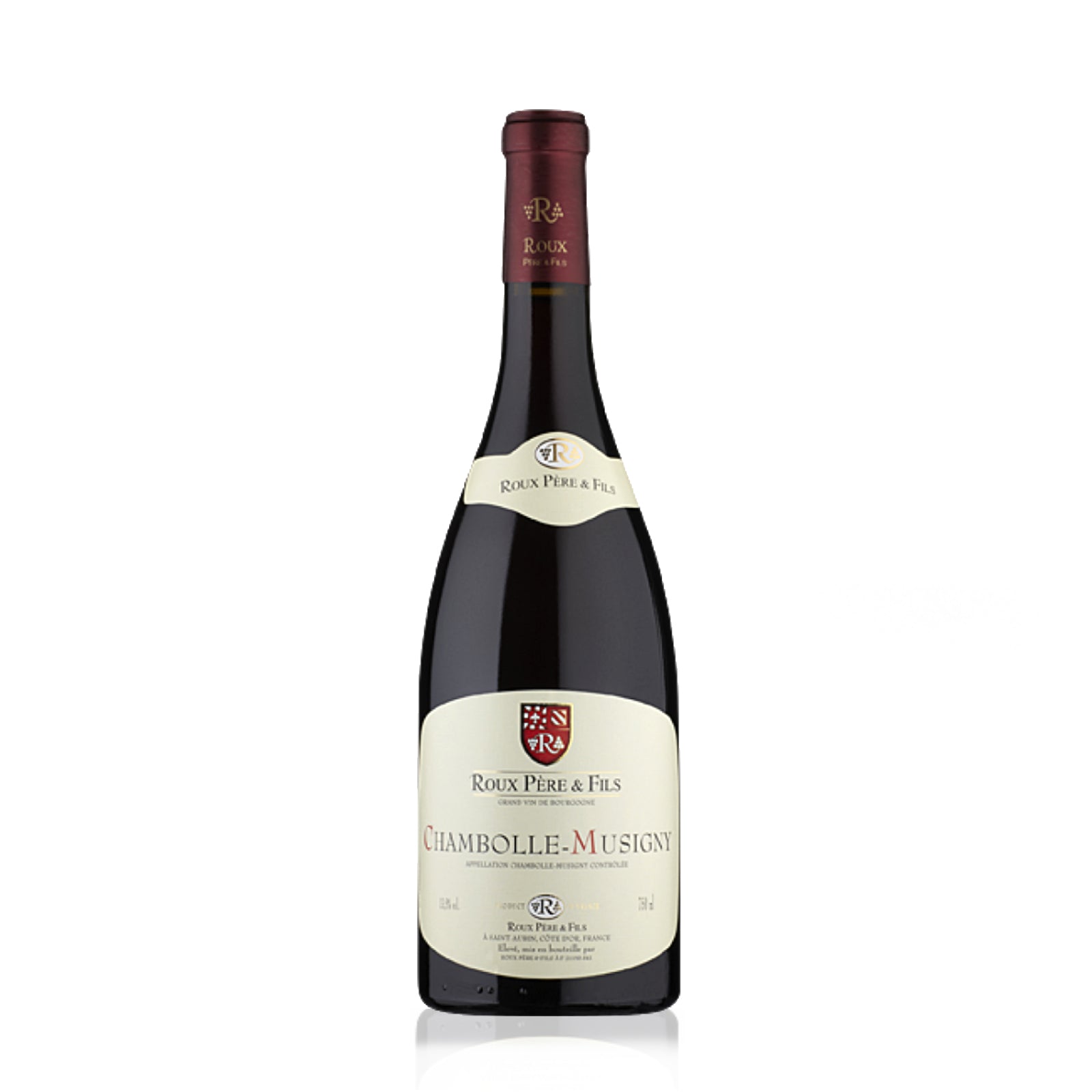 Bottle of Domaine Roux Pere & Fils Chambolle Musigny wine with a white label and red text on it.