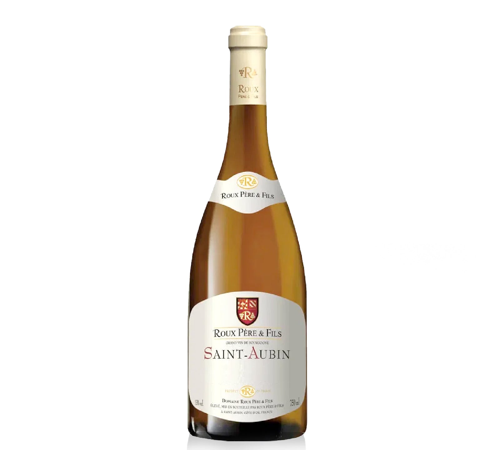 Bottle of Domaine Roux Saint-Aubin with citrus, green apple, floral, and mineral notes.