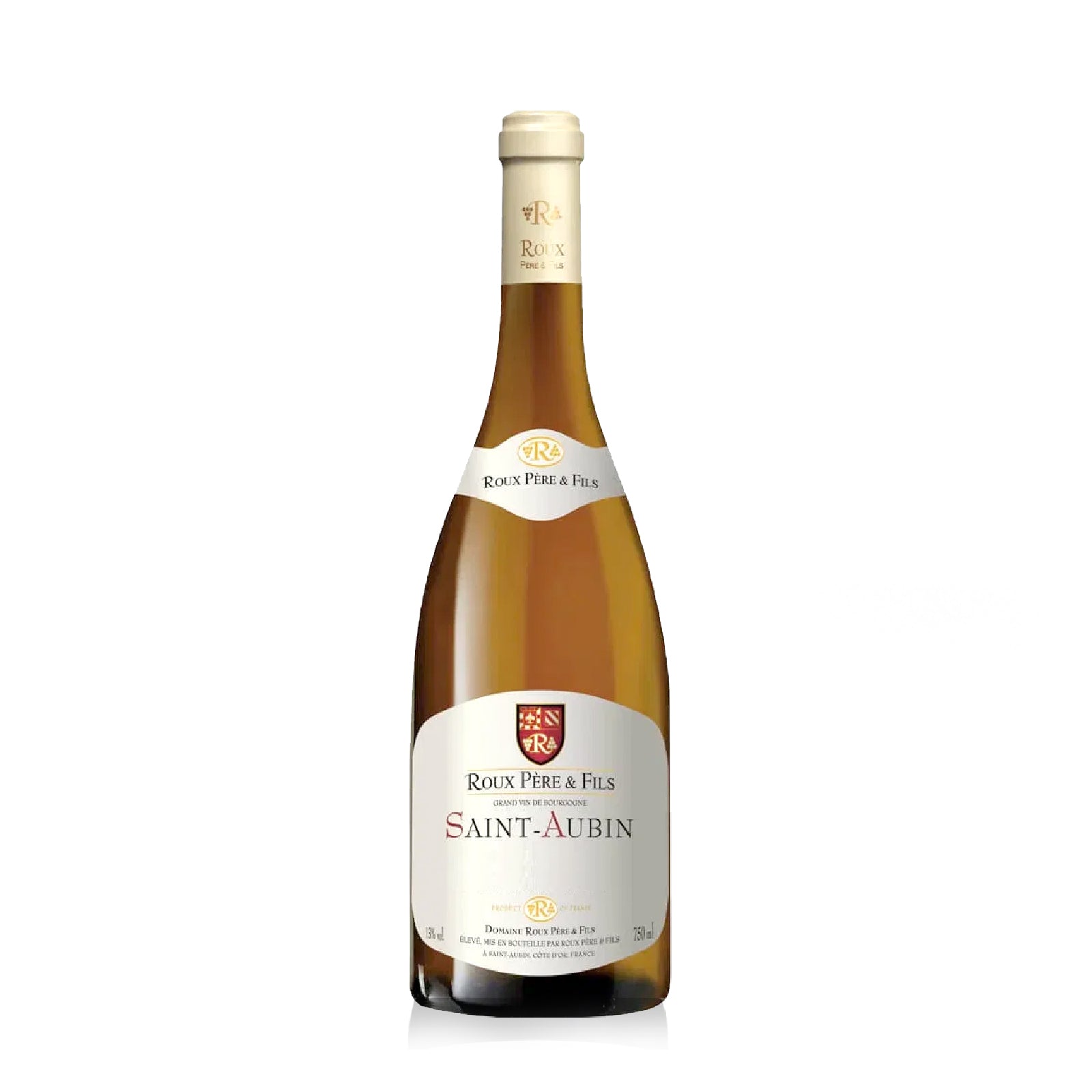 Bottle of Domaine Roux Saint-Aubin with citrus, green apple, floral, and mineral notes.