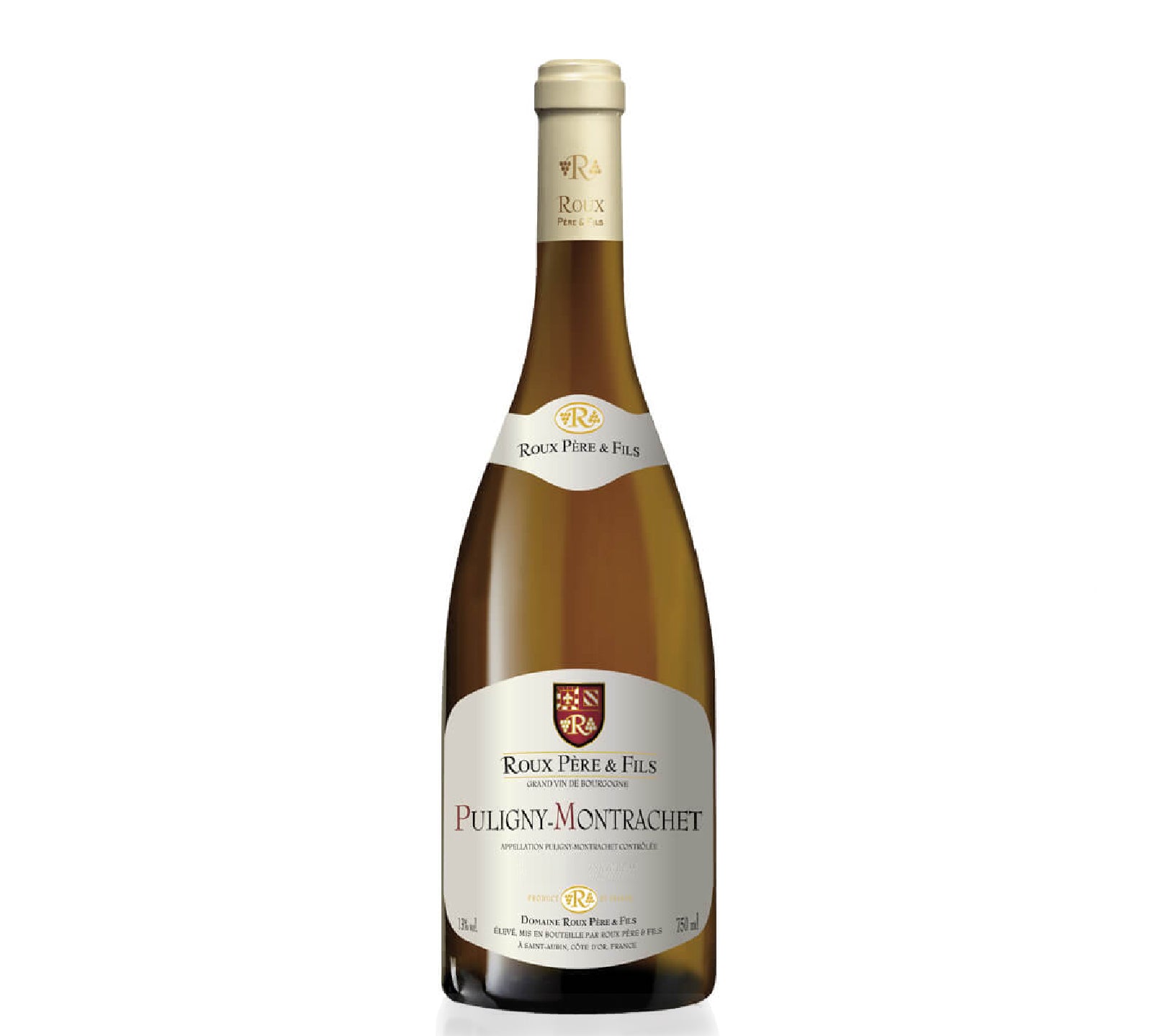 Bottle of Domaine Roux Puligny-Montrachet, a refined Burgundy white wine with notes of citrus, white flowers, and subtle minerality, showcasing elegant and balanced flavors.