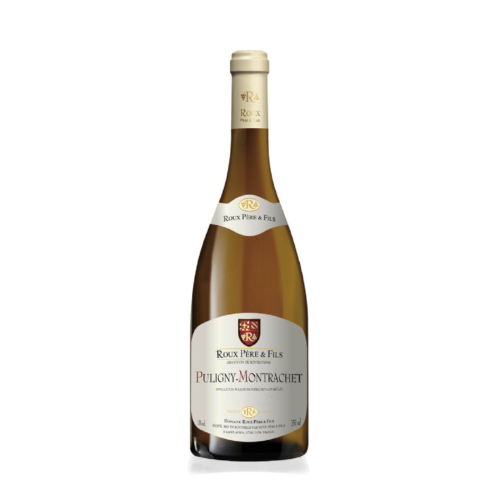Bottle of Domaine Roux Puligny-Montrachet, a refined Burgundy white wine with notes of citrus, white flowers, and subtle minerality, showcasing elegant and balanced flavors.