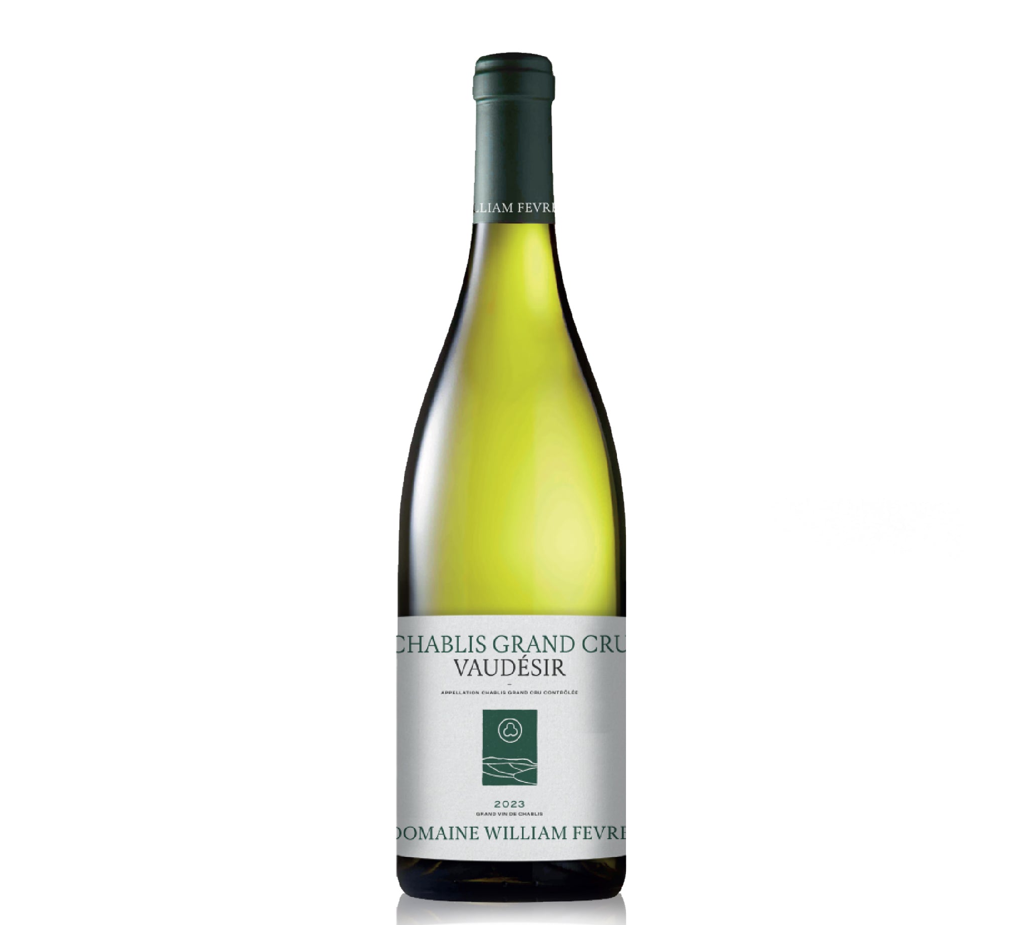 A bottle of Domané William Fevri Chablis Grand Cru Vaudésir white wine.