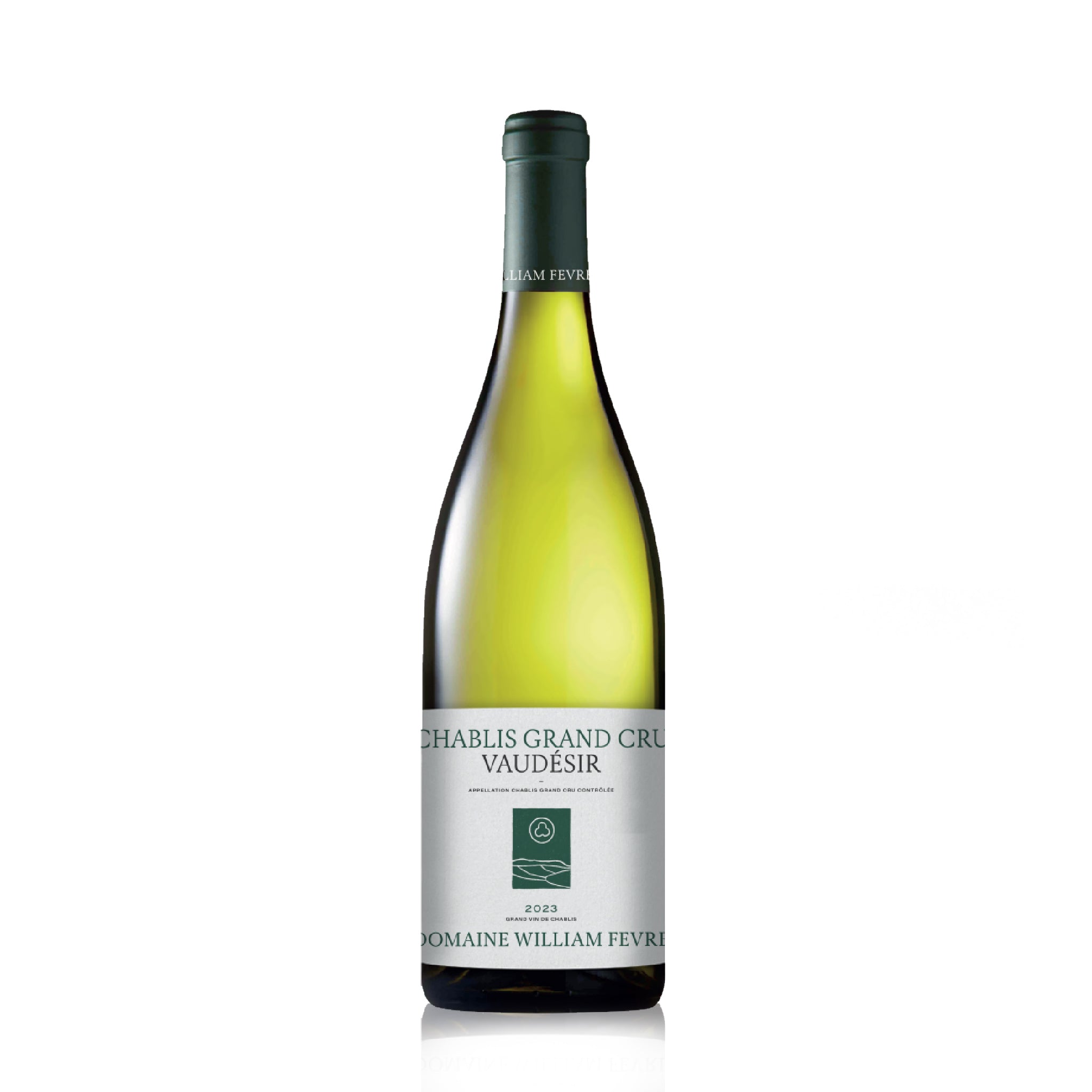 A bottle of Domané William Fevri Chablis Grand Cru Vaudésir white wine.