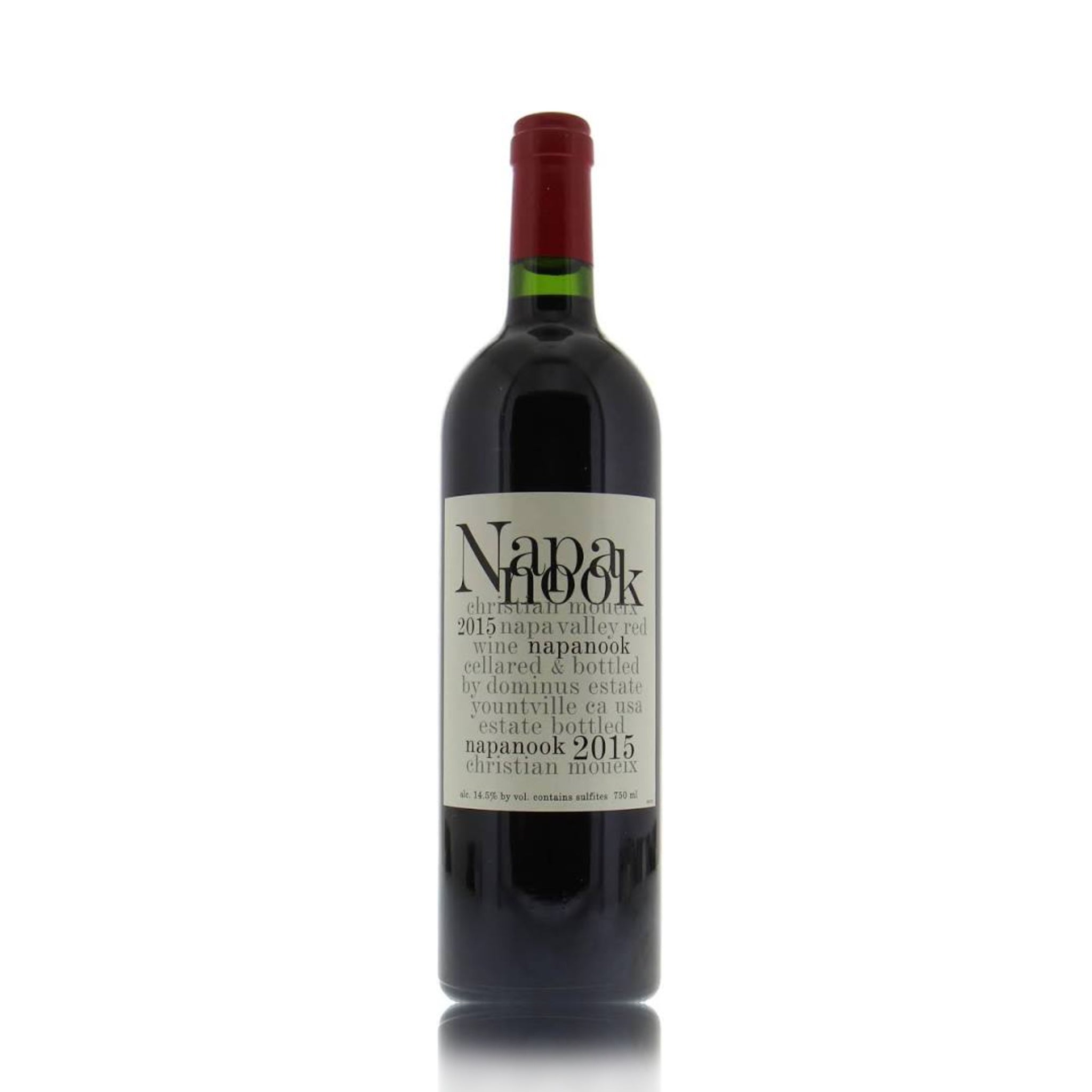 A bottle of Dominus Napanook 2015 red wine.