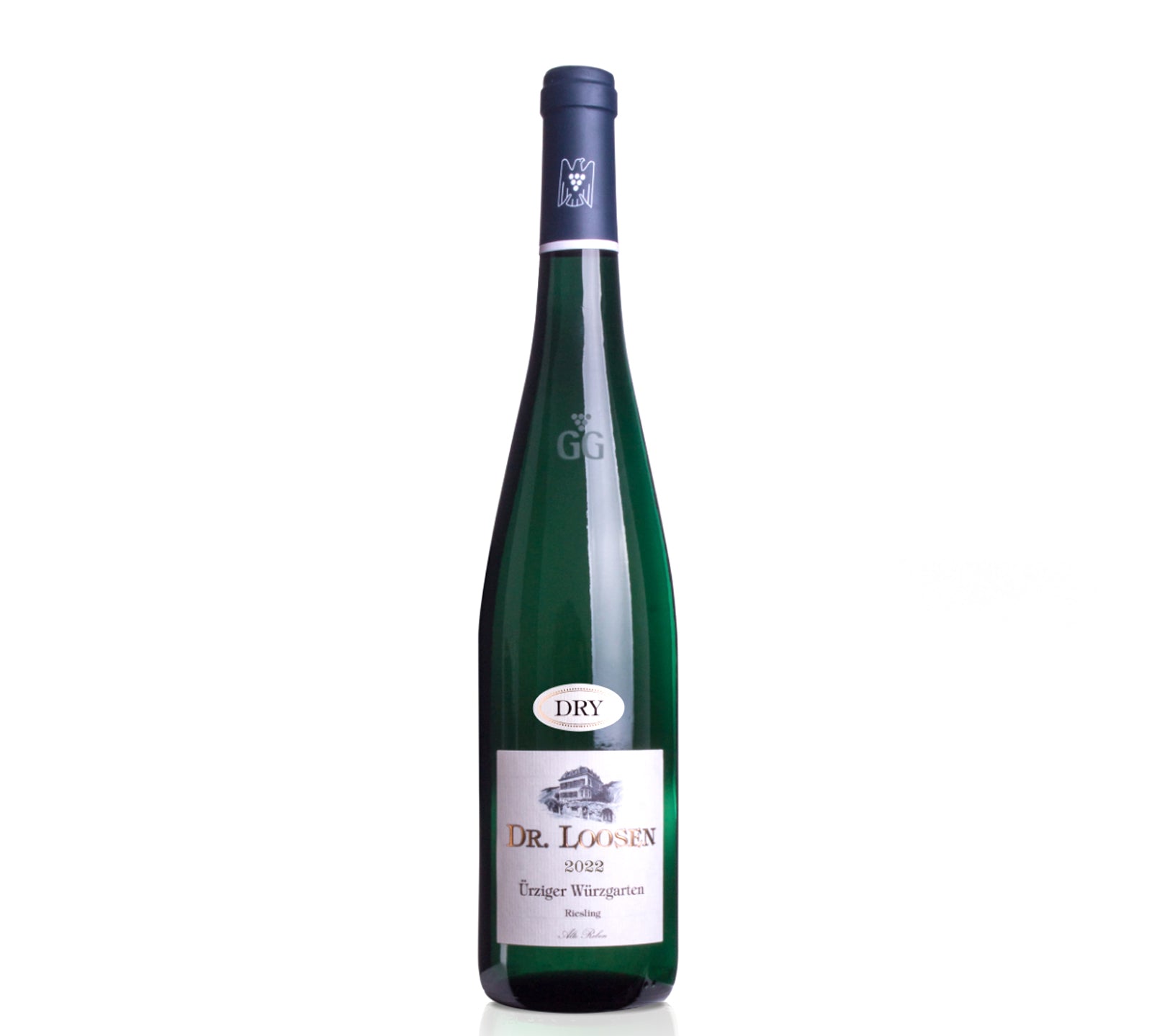 A bottle of Dr. Loosen Urziger Wurzgarten Riesling GG Dry 2022 white wine with a label indicating it is a product from Germany.