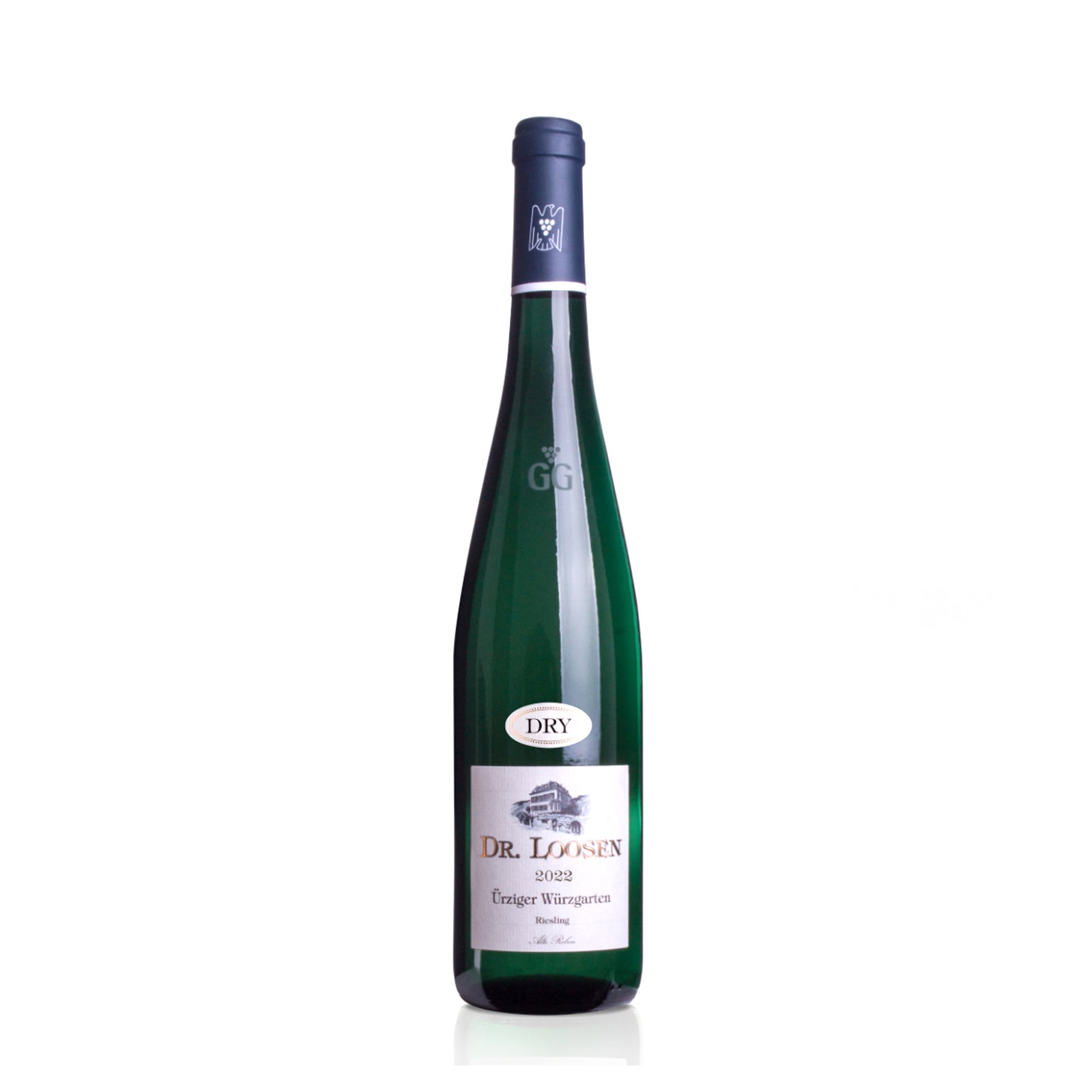 A bottle of Dr. Loosen Urziger Wurzgarten Riesling GG Dry 2022 white wine with a label indicating it is a product from Germany.