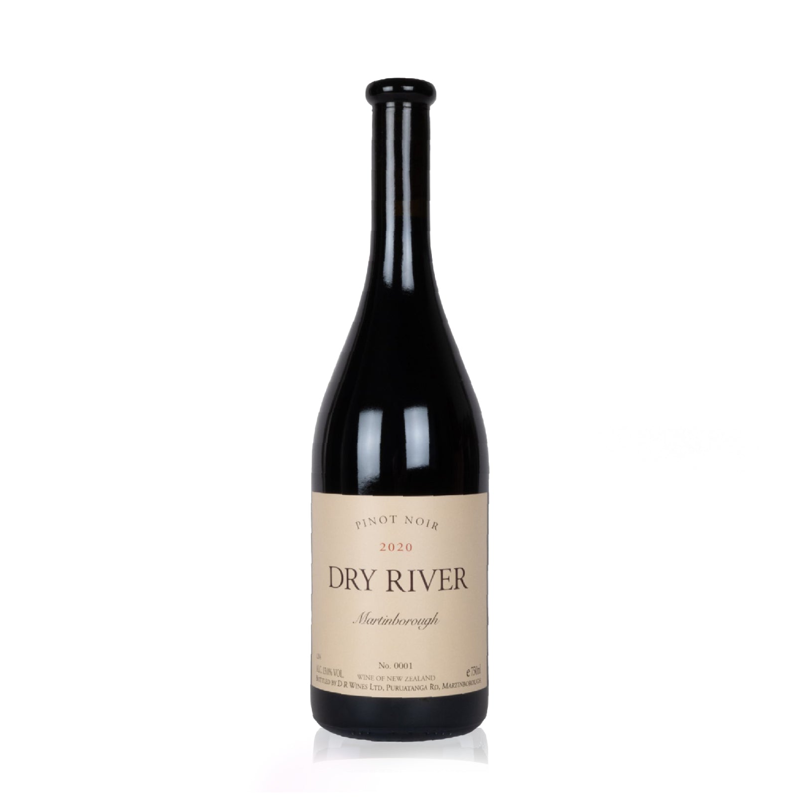 Bottle of Dry River Pinot Noir 2020 with red cherry, raspberry, and earthy notes.