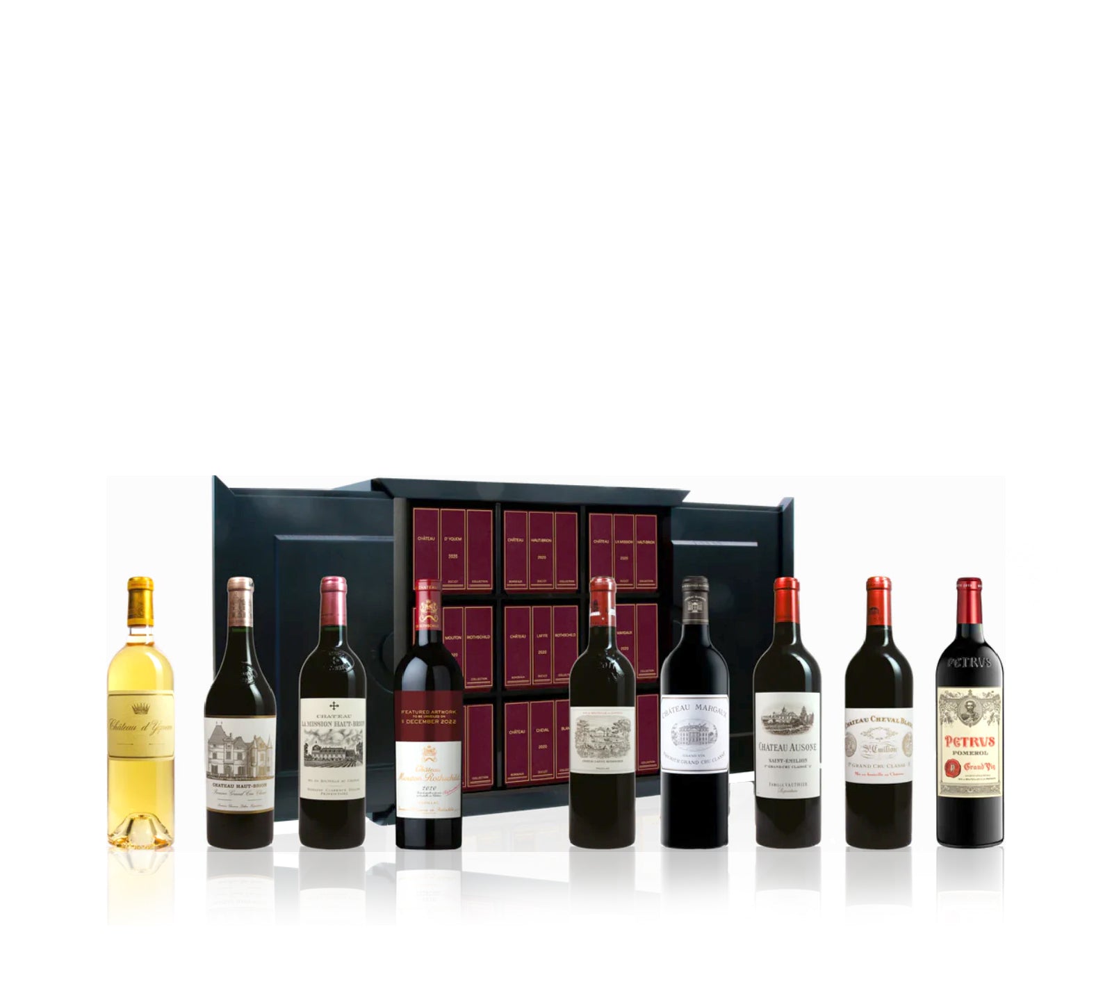 Collection of wine bottles with a black gift box on a white background