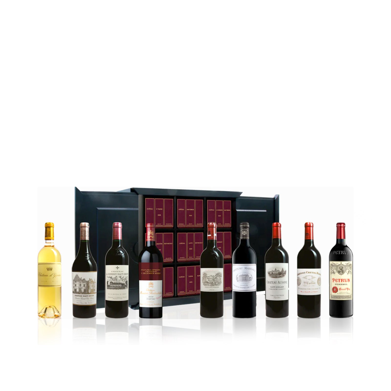 Collection of wine bottles with a black gift box on a white background
