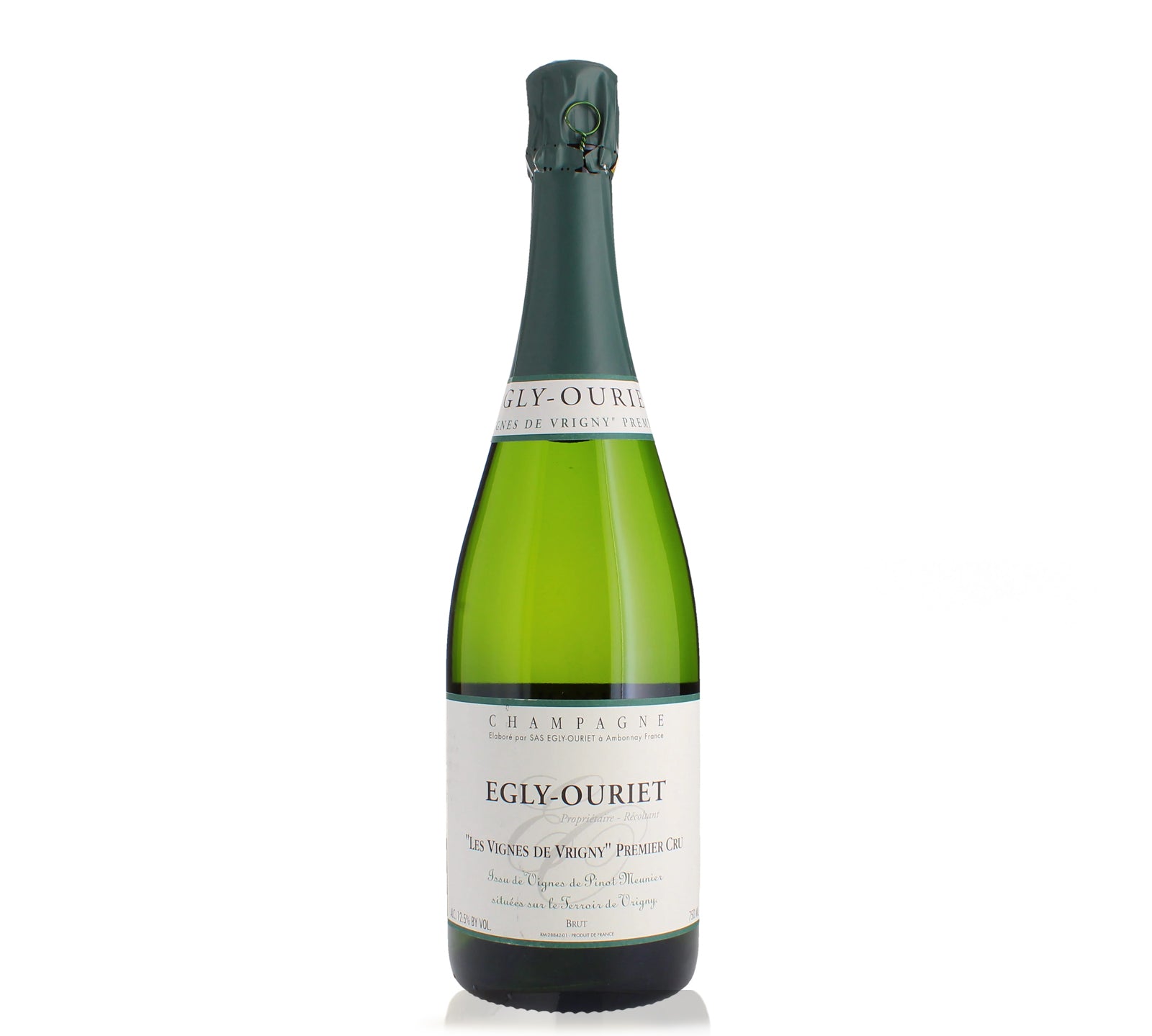 A bottle of Egly-Ouriet Champagne Les Vignes de Vrigny Premier Cru NV with a greenish tint and a label that includes the brand name and the product name.