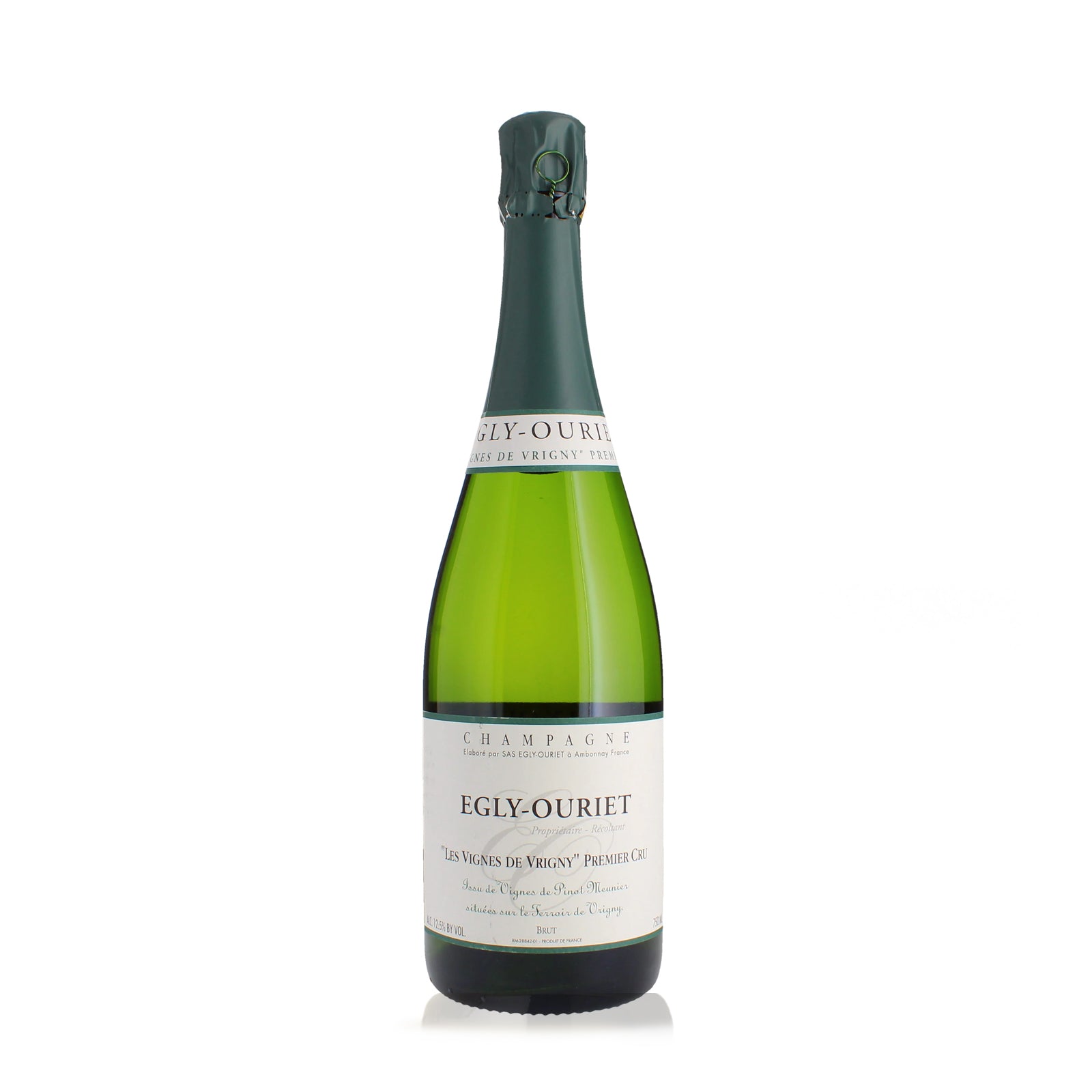 A bottle of Egly-Ouriet Champagne Les Vignes de Vrigny Premier Cru NV with a greenish tint and a label that includes the brand name and the product name.