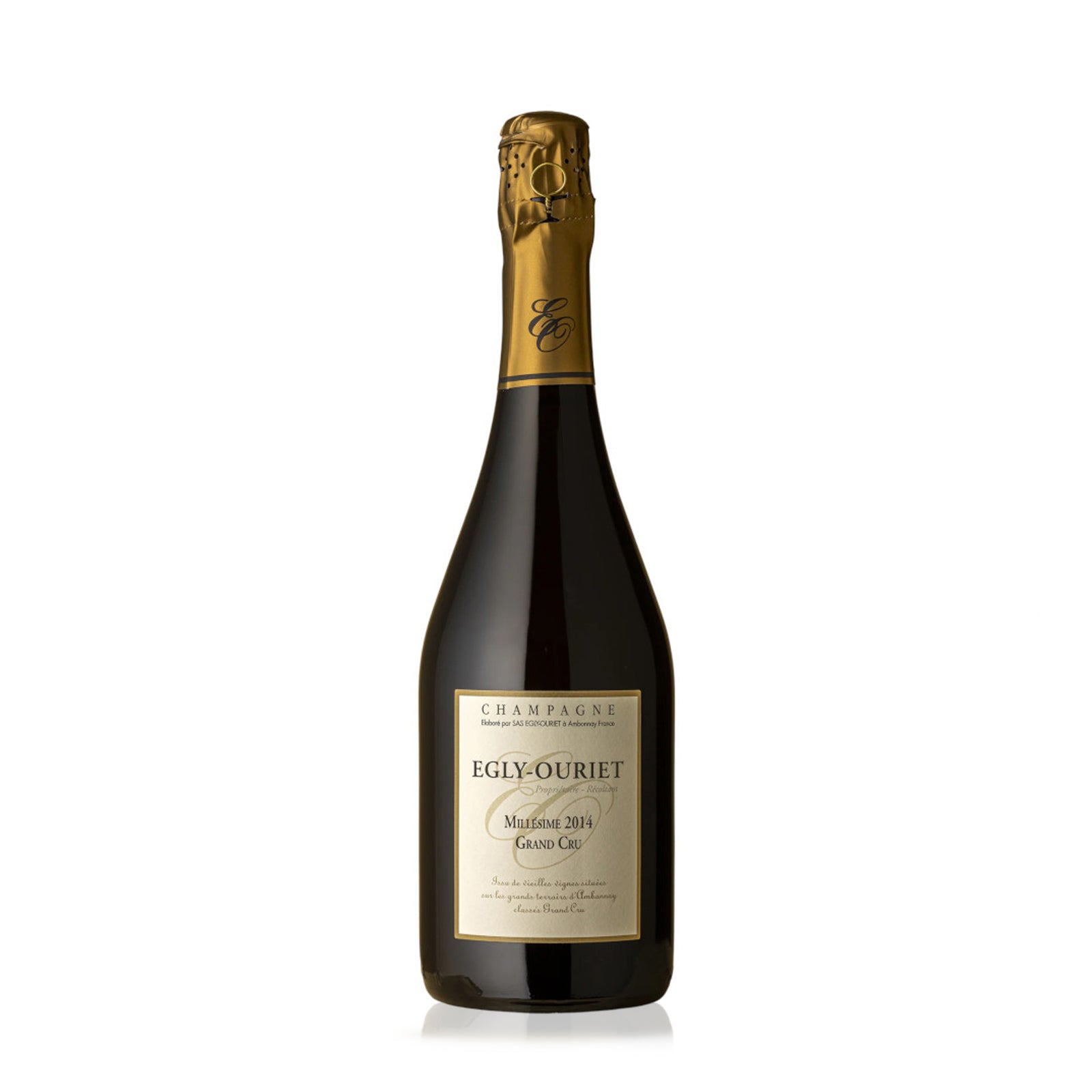 A bottle of Egly-Ouriet Champagne Millesime Grand Cru 2014 with a gold foil top and a label that includes the brand name and vintage year.