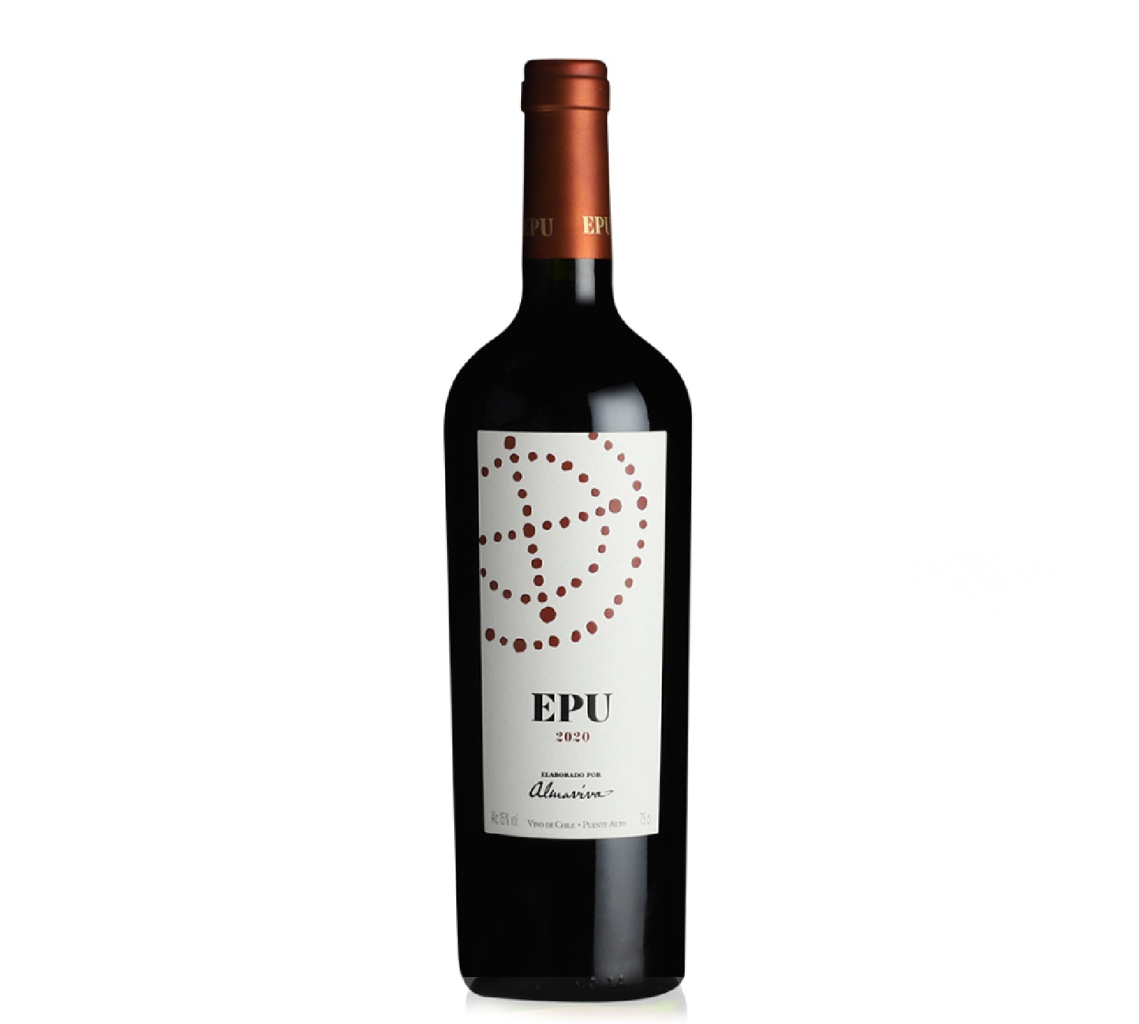 Bottle of Epu by Almaviva 2020, a Chilean red wine blend with notes of dark berries, plum, and subtle spice, offering a smooth, balanced, and elegant drinking experience.