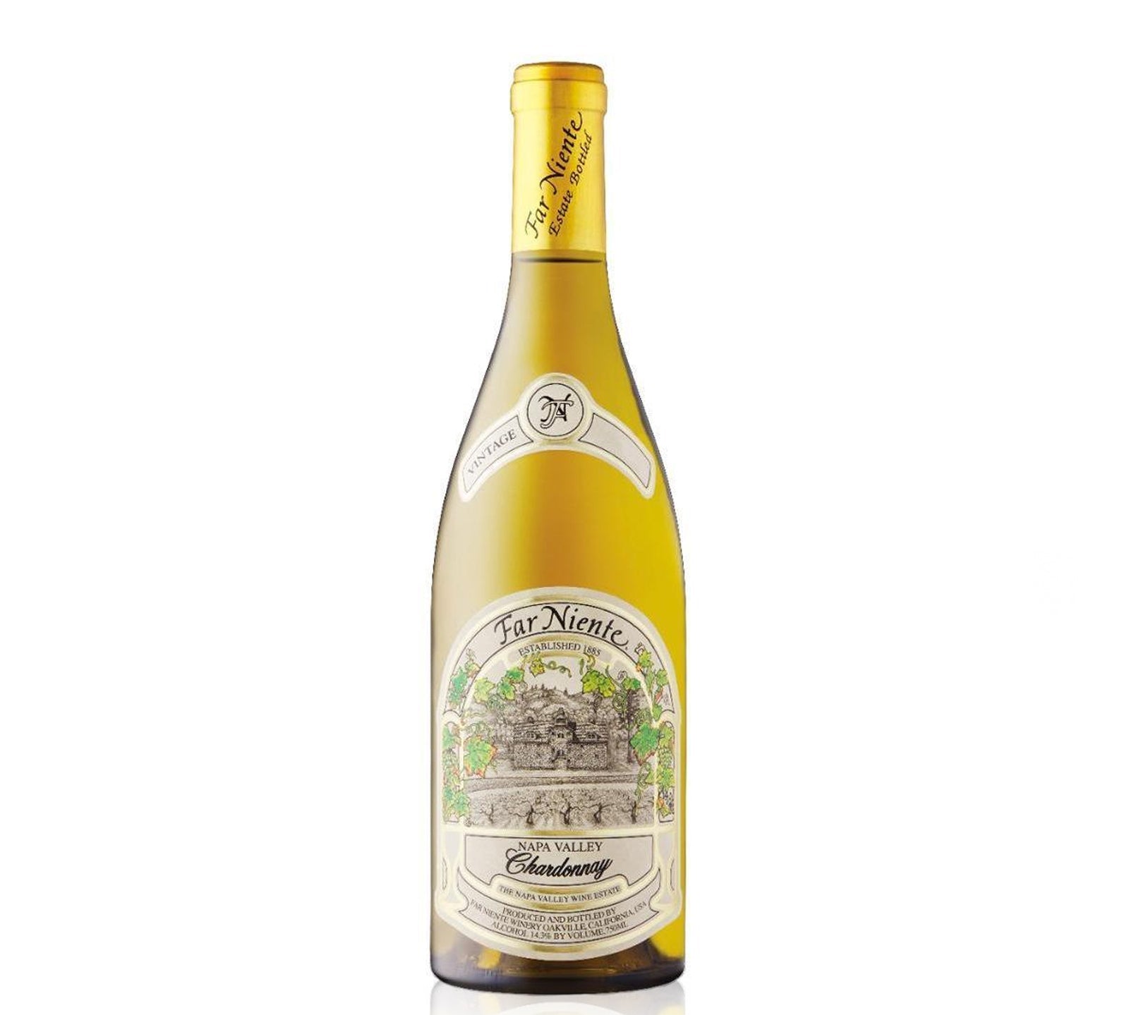 A bottle of Far Niente Napa Valley Chardonnay with a label depicting a vineyard scene.