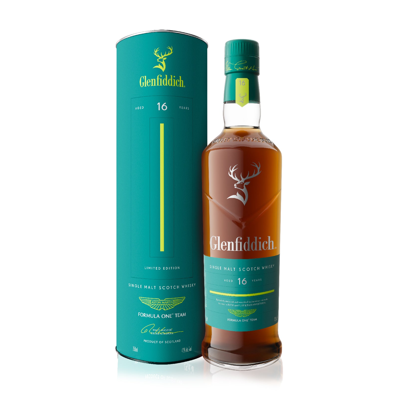 Glenfiddich 16-year-old whisky bottle and packaging on a white background