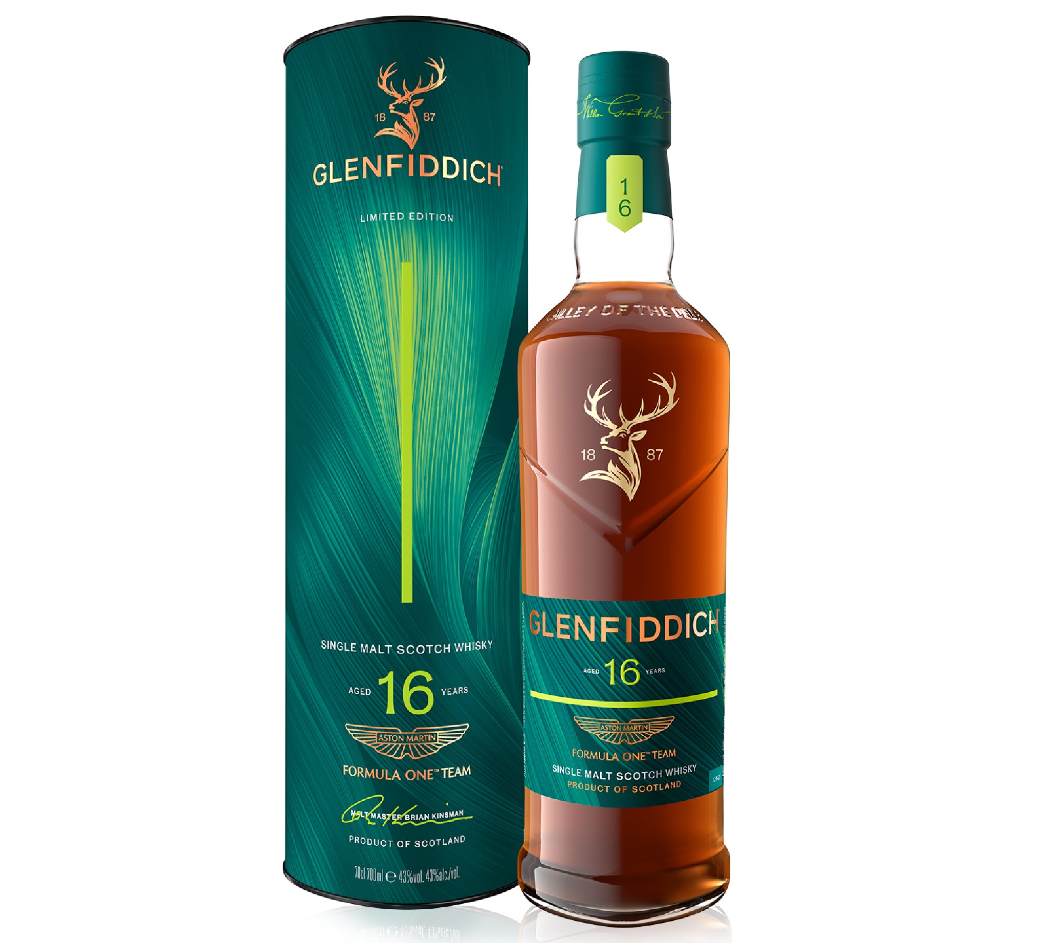 A bottle of Glenfiddich 16-year-old single malt Scotch whisky stands next to its matching dark green cylindrical packaging box on a clean white background.