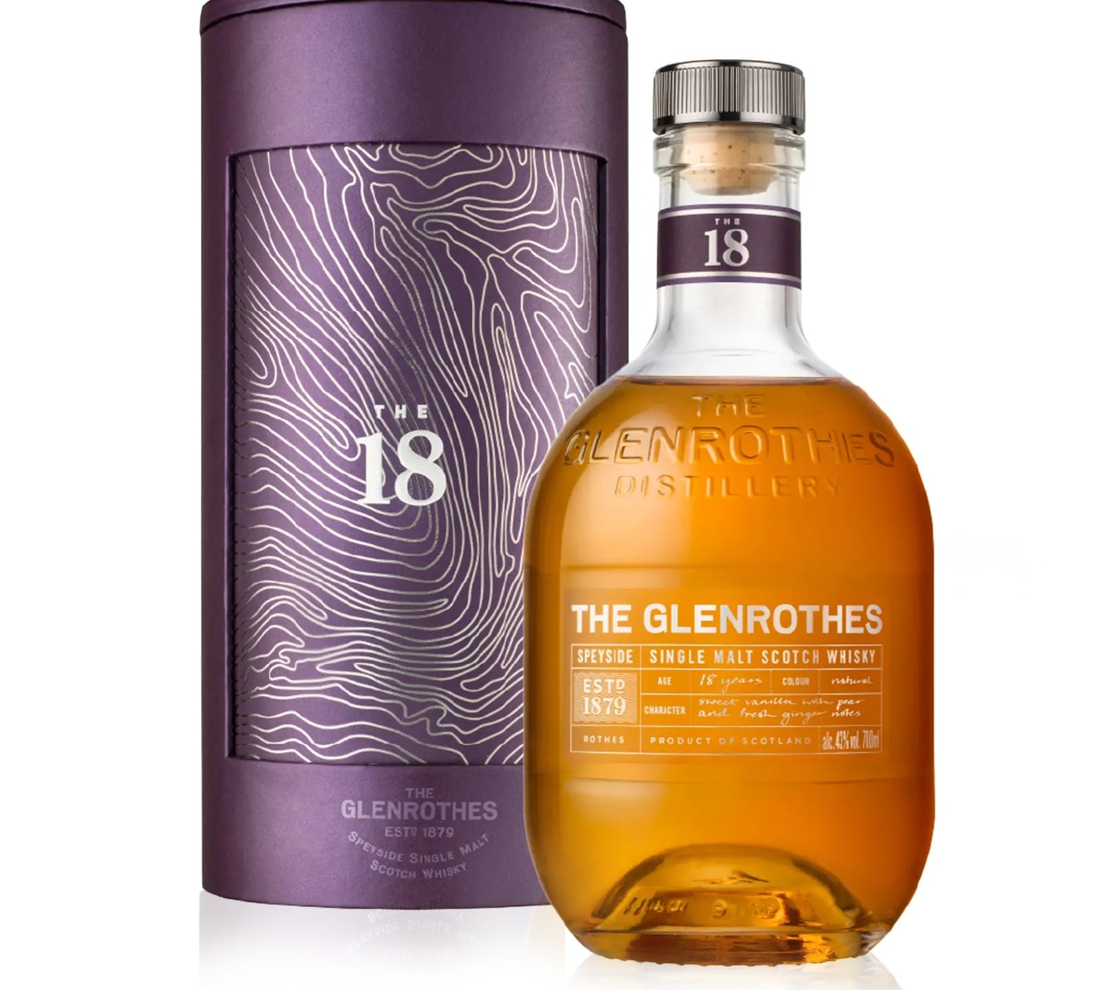 The Glenrothes 18-year-old whisky bottle and packaging on a white background