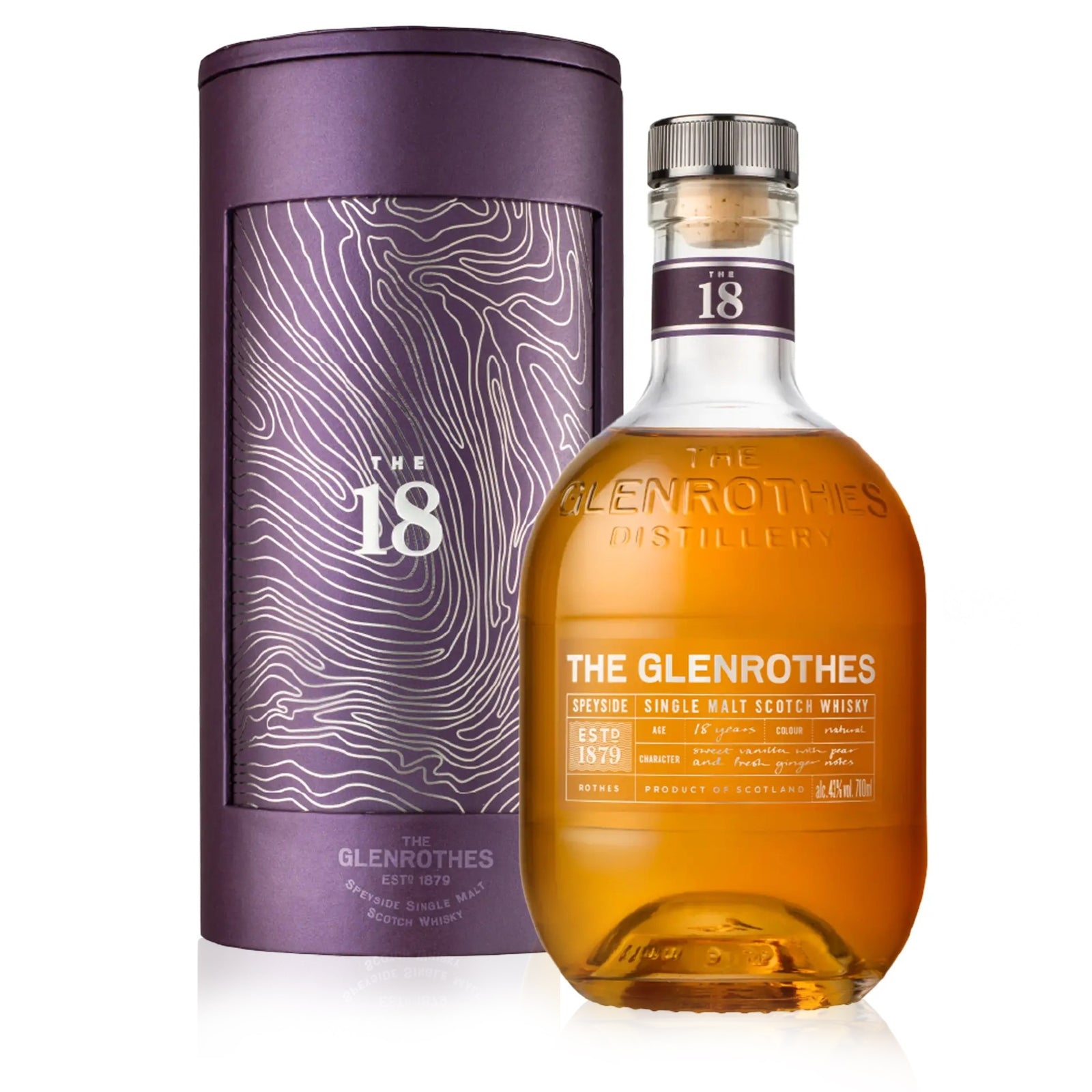 The Glenrothes 18-year-old whisky bottle and packaging on a white background