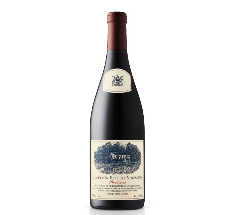 Bottle of Hamilton Russell Pinot Noir, Hemel-en-Aarde Valley, South Africa, showcasing aromas of herbal tea, citrus rind, cranberries, and wild mushrooms. Medium-bodied with a firm structure and a crisp finish.