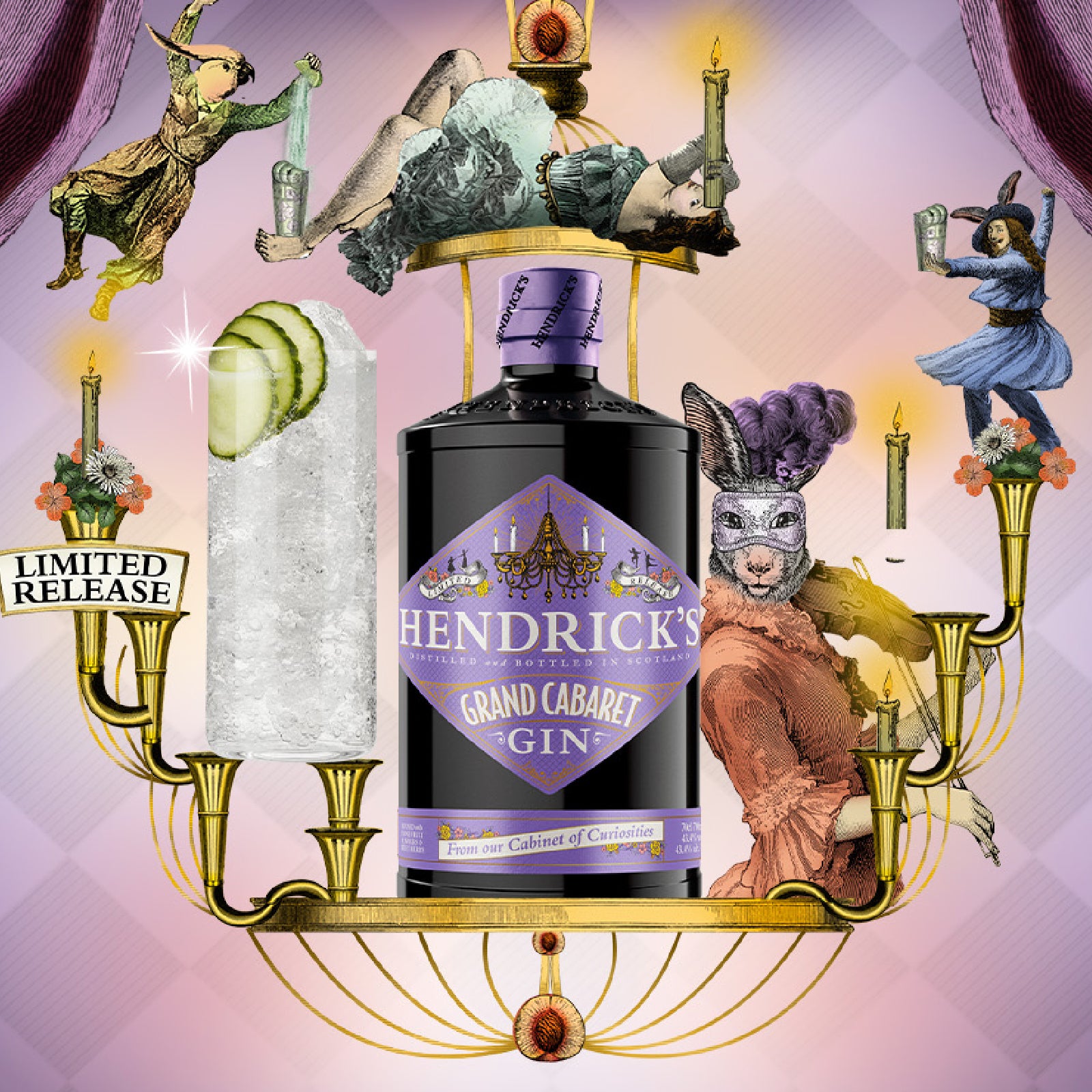 Hendrick's Grand Cabaret Gin bottle with decorative elements and limited release text on a colorful background.